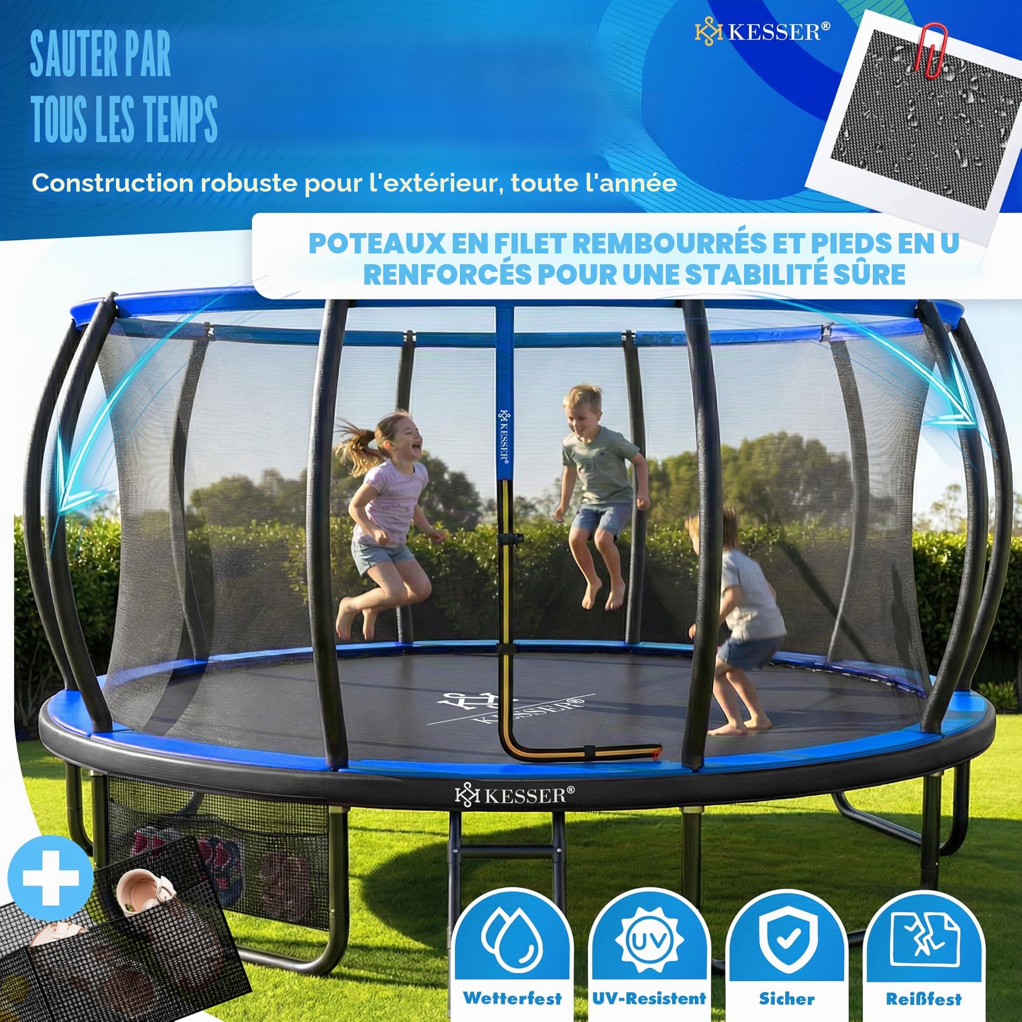 KESSER Trampoline d'extérieur Ø 244/305/366/427 cm, certificat GS, trampoline de jardin pour enfants et adultes < 150 kg avec filet de sécurité, sac, échelle, housse de bord et barres de filet