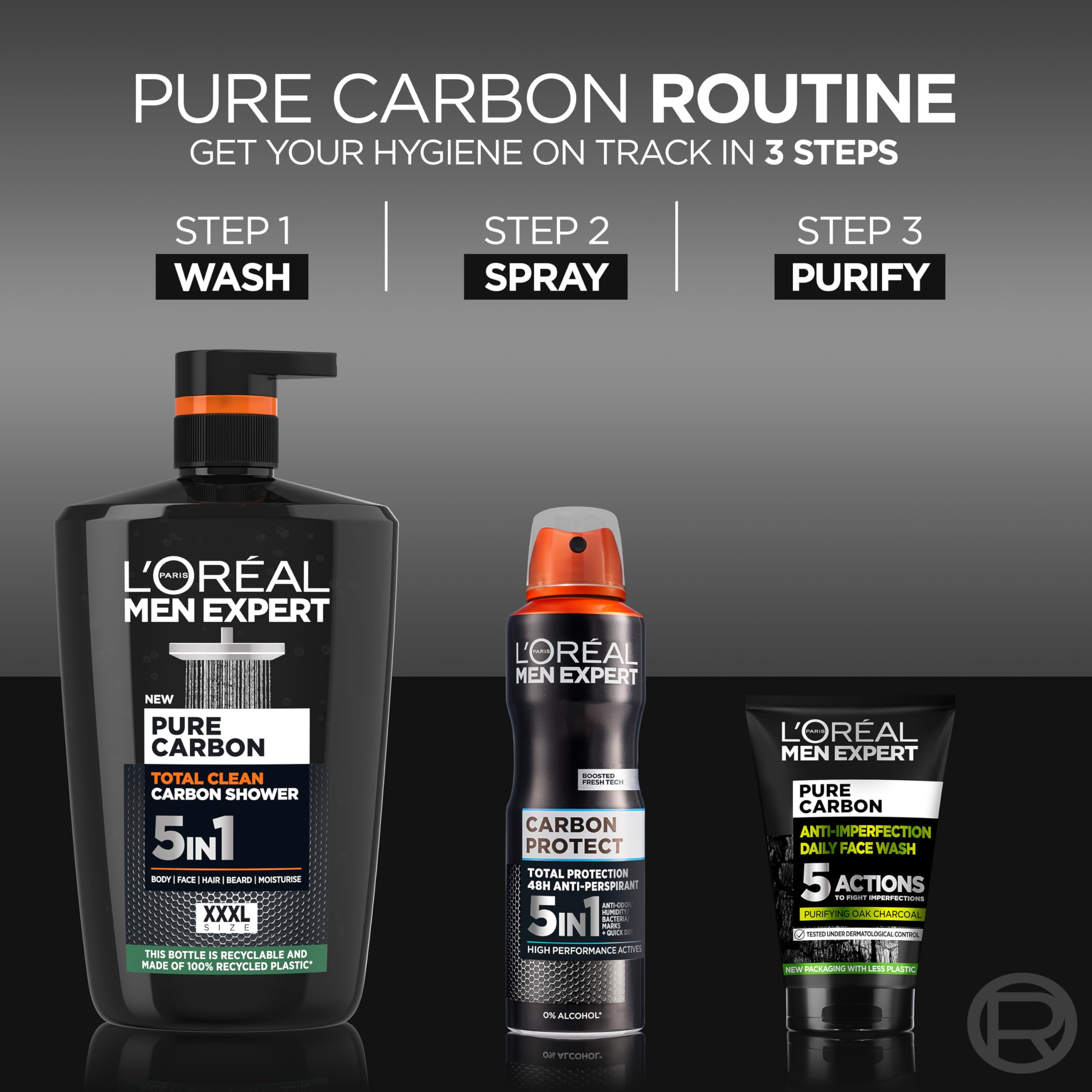 L'Oréal Men Expert, Pure Carbon, 5-in-1 XXL Shower Gel, A Total Action Body, Face, Hair Wash, Shave and Moisturiser Powered By Carbon, Total 5-in-1 Action, Large 1L Pump - 5