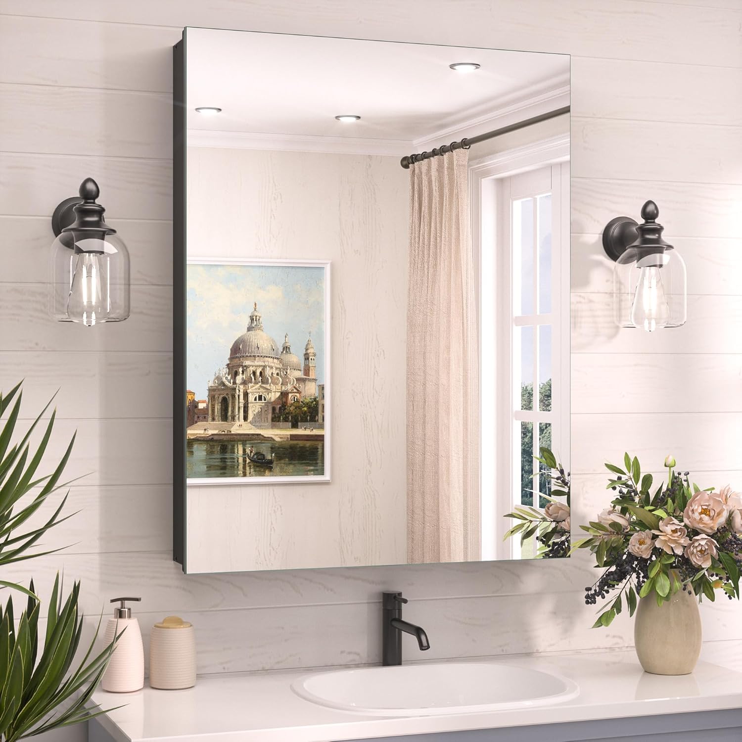 TokeShimi 24 x 32 Mirrored Medicine Cabinet Recessed or Surface Mount, Aluminum Tempered Bathroom Medicine Cabinet with Mirror with Storage Black Stepless Adjustable Metal Shelves Farmhouse Black 24x32 IN