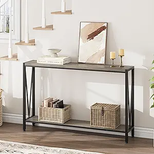 GAOMON Console Table, 2-Tier Entryway Table with Storage, 43" Narrow Sofa Table with V Design, Industrial Console Table for Entryway, Living Room, Hallway, Foyer, Corridor, Office-Grey