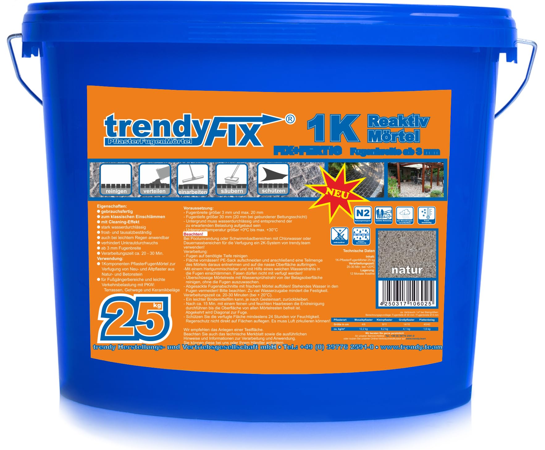 1K TrendyFIX+Malta per fughe senza erbacce – 25 kg (naturale) | Malta reattiva pronta all'uso