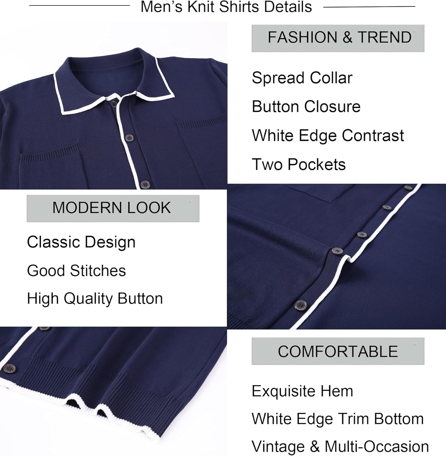 Alex Vando Mens Retro Cardigan Shirts Long Sleeve Two Pockets Knit Casual Button Down Shirts for Men - Image 5