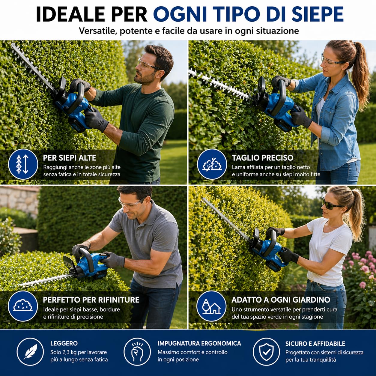Tagliasiepi a Batteria 48V, Senza Fili, Lama 55cm, 2 Batterie Incluse, Autonomia Fino a 60 Minuti, Tagliasiepi Elettrico Potente e Leggero per Giardino e Siepi
