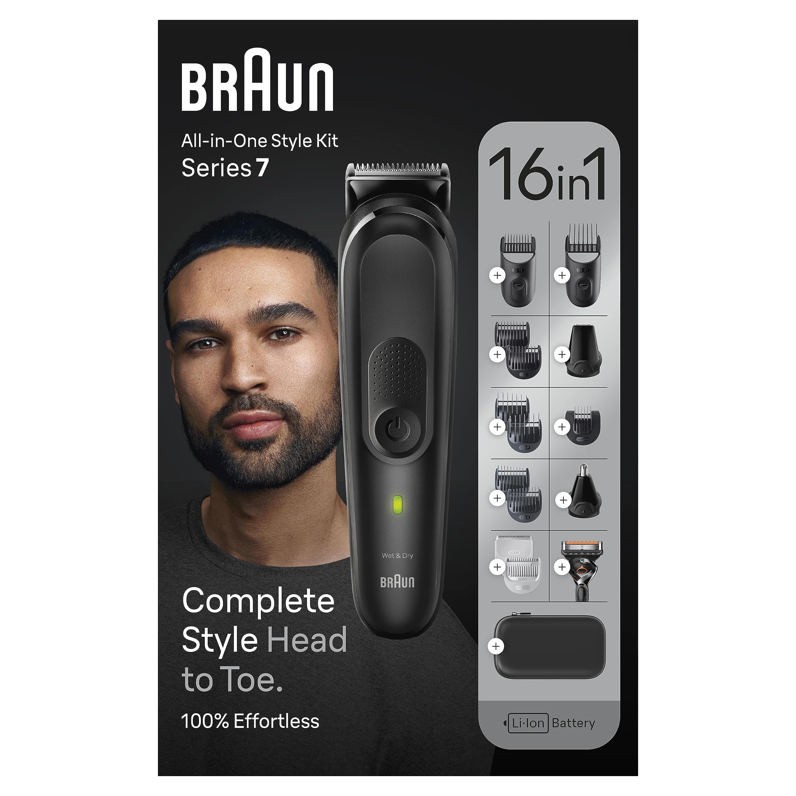 Braun Todo en uno Serie 7 MGK7470, 16 en 1, cuidado diario para hombres, recortar la barba y el cabello, afeitado, depilación de orejas y nariz y más, base de carga y funda, impermeable
