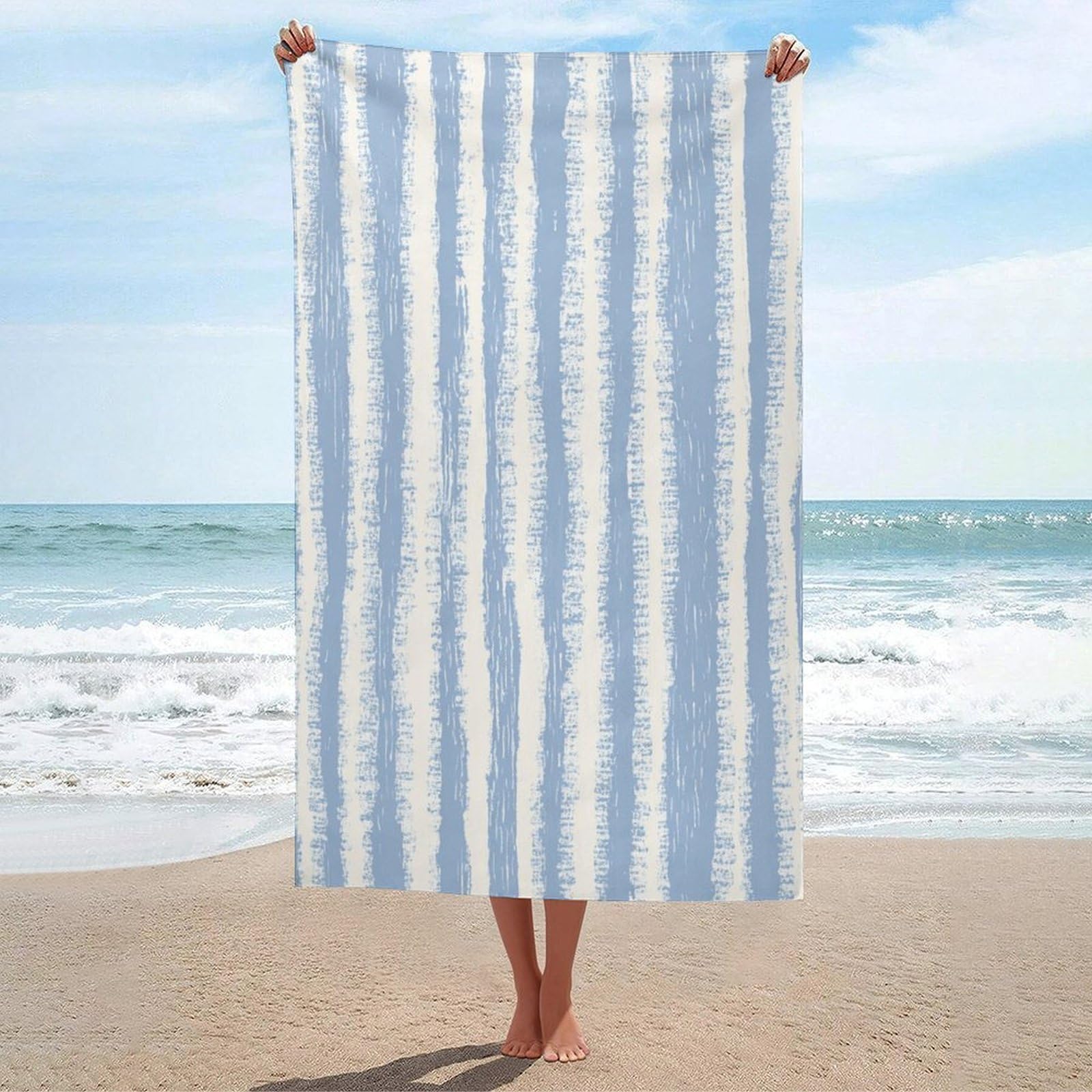 asbwuo Pale Blue and White Farm Stripe Beach Towel