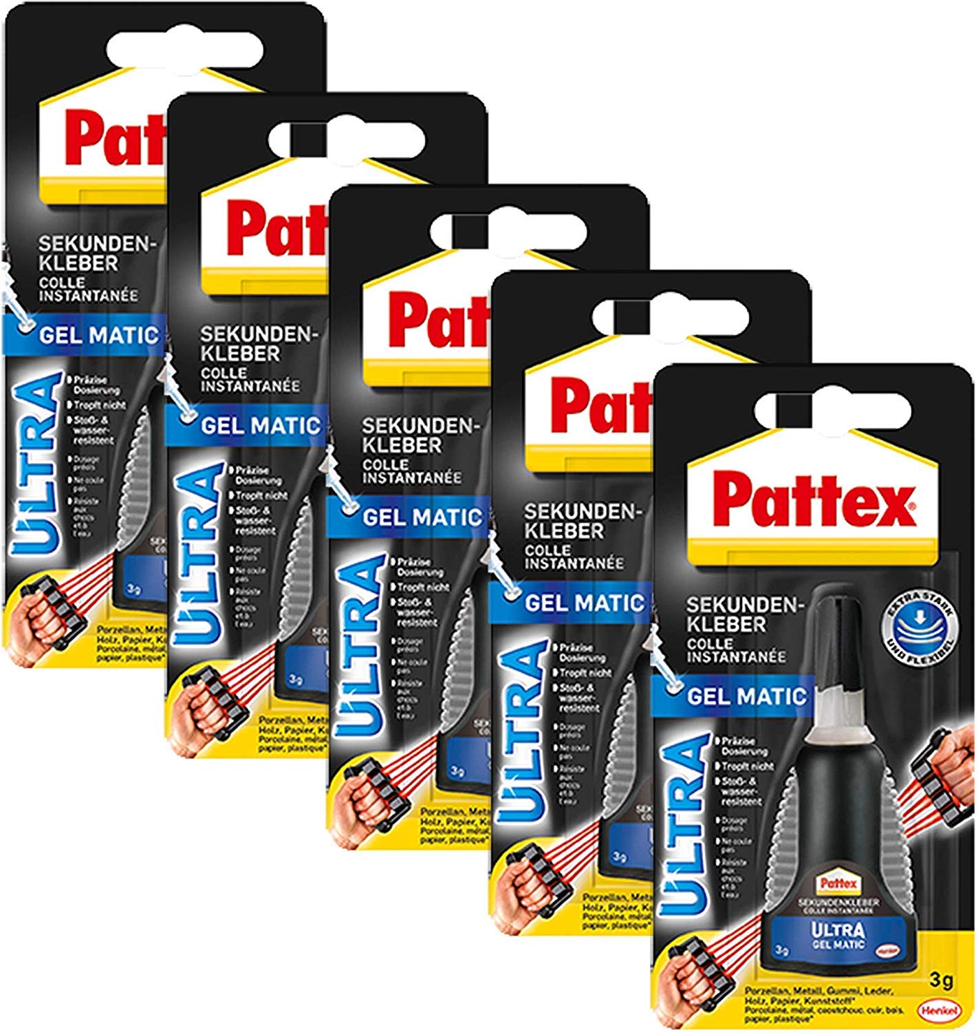 Pattex Sekundenkleber Ultra Gel Matic 3 g, 5 Packungen für schnellesNaming und Adhesive Eigenschaften bei Möbelreparatur