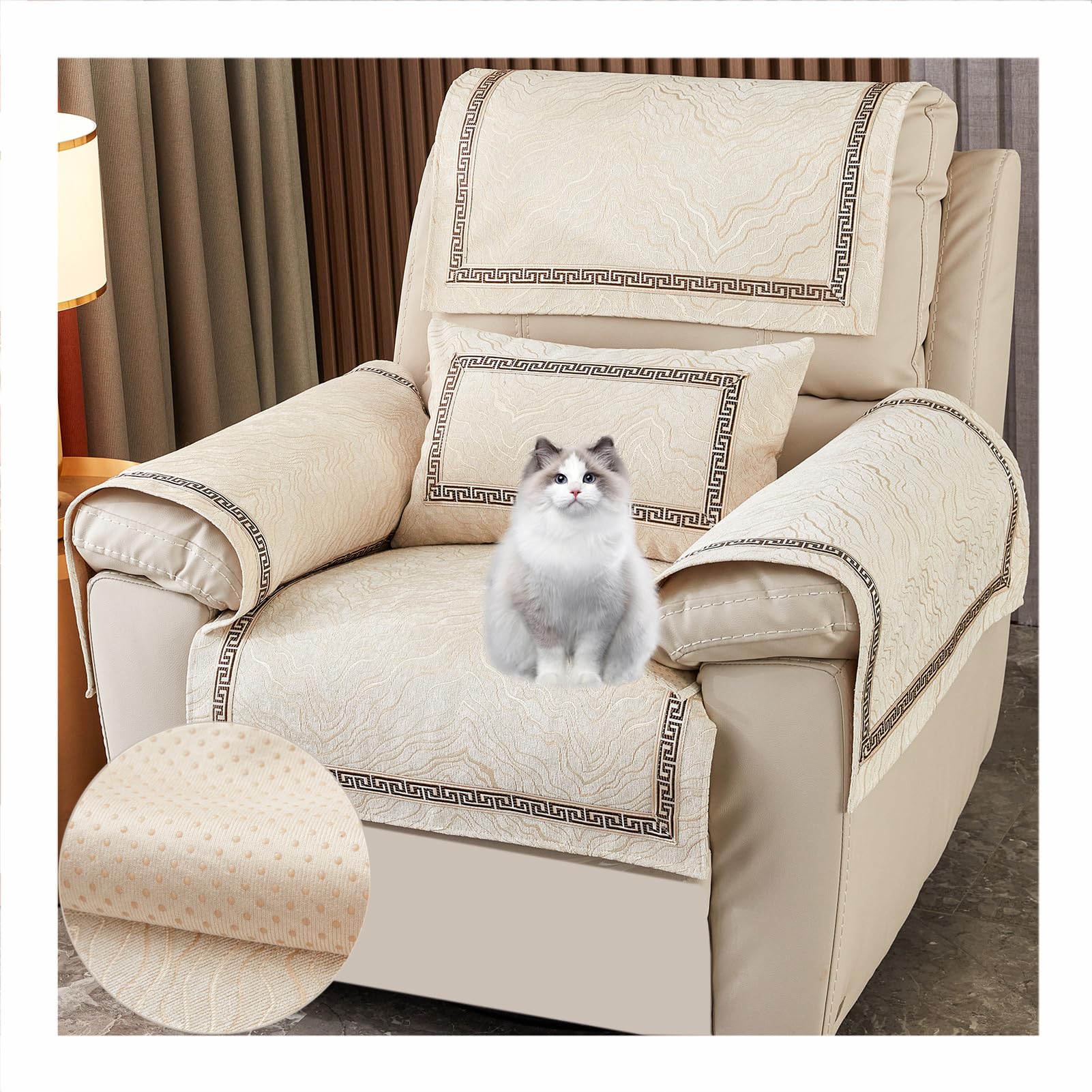 CZQGLYM Sofa Armrest Cover, Non-Slip Chair Cover for Recliner Armchairs, 1/2/3 Seat Reclining Chair Cover, Anti-fouling Recliner Covers for Kids, Dogs, Pets. (1 Seater(4pcs+30×50CM),Beige)