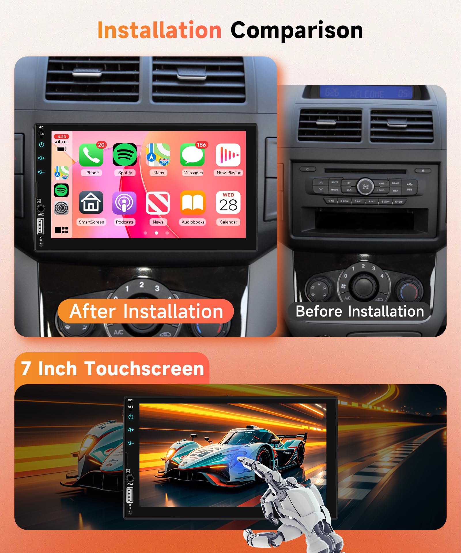 Rimoody Sans Fil Carplay Autoradio 2 Din avec DAB Adaptateur Android Auto iOS/Android Mirror Link 7 Pouces Écran Tactile Autoradio Bluetooth FM Radio DAB+/DAB/USB/EQ Commande au Volant Caméra de Recul