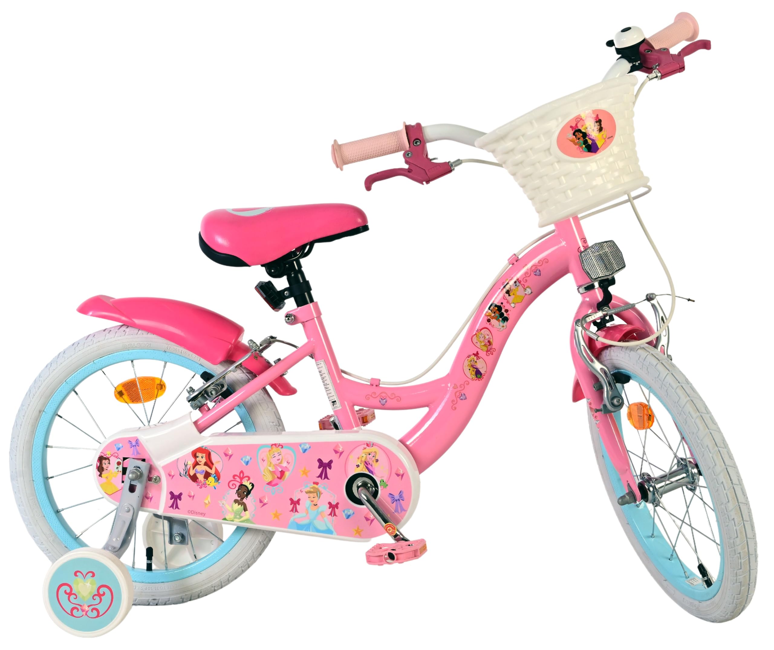 Volare Disney Princess Pink Kids Bike | Ages 4-6 | 16 Inch Wheel | 2 Handbrakes (Front & Back Wheel), Removable Stabilisers & Pedal Reflectors | Adjustable Height | Handlebar Basket | Gift for Girls