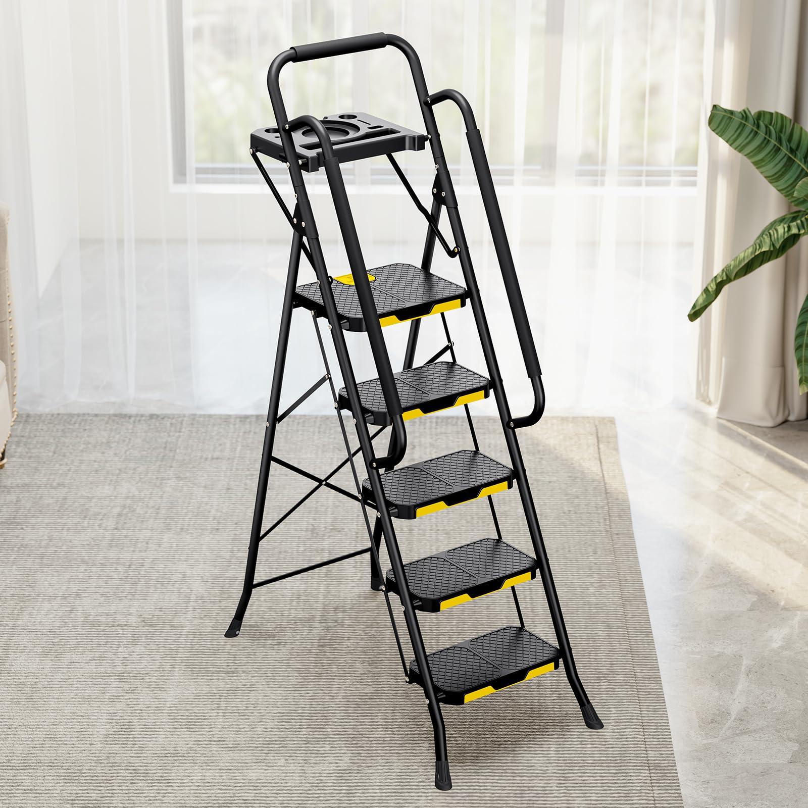 KINGRACK Escabeau 5 Marches avec Plateau à Outils et Large Pédale Antidérapante, Marche Pied Pliable avec Mains Courantes, Échelle Domestique pour Maison Cuisine Garde-Manger Placards et Bureau, Noir
