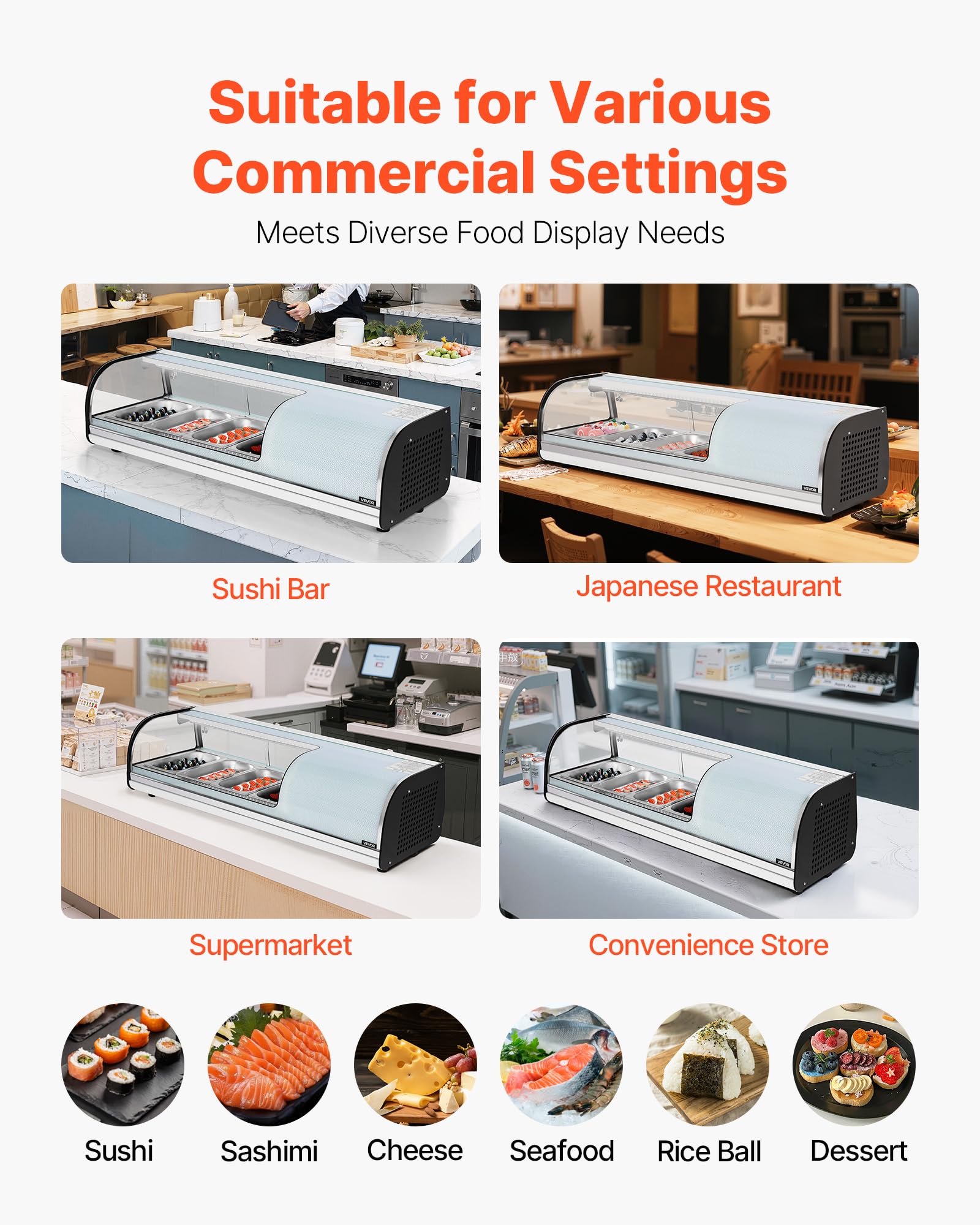 VEVOR Vitrina Refrigerada de 42 L para Sushi, 4 Bandejas, con Vidrio Curvo, Iluminación LED y Control Digital de Temperatura, Ideal para Mostradores, Restaurantes y Tiendas, 1160 x 425 x 290 mm