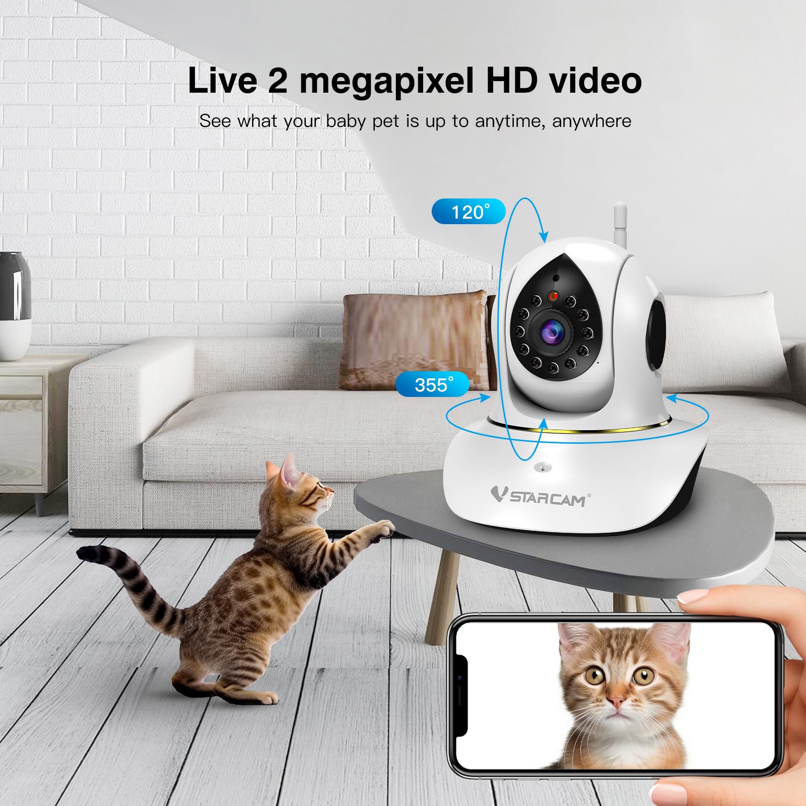VSTARCAM 720P telecamera per gatti, telecamera interattiva per cani e gatti con app per cellulare, visione notturna a infrarossi, rilevamento del movimento, audio bidirezionale, telecamera per cani da