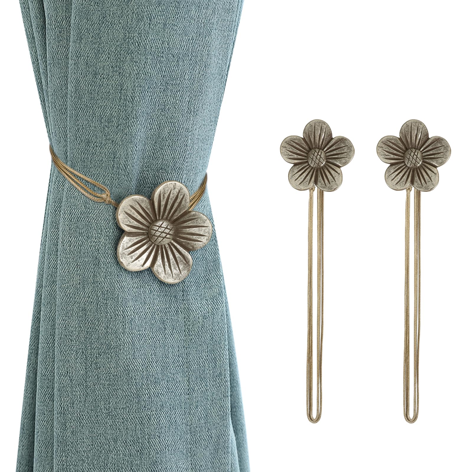 Lewondr Magnetic Curtain Tie, 1 Pair Vintage Resin Flower Curtain Drapery Holdback Window Curtain Decorative Buckle Holder for Home Cafe Balcony - Coffee