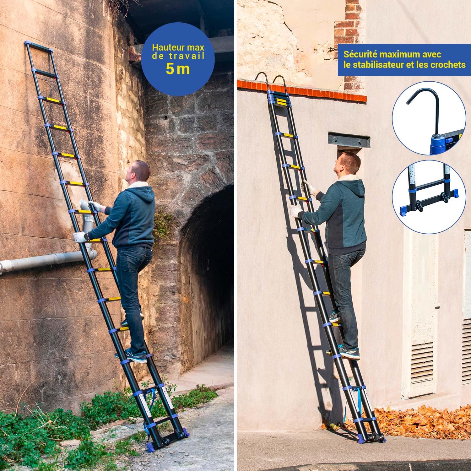 HOSTRÖM Echelle telescopique 4,1m TELESCOVA13+, Aluminium, Pliable, Extensible, Multi-Fonction, H Travail Max 5m, Crochets Amovibles, Garantie 5 Ans