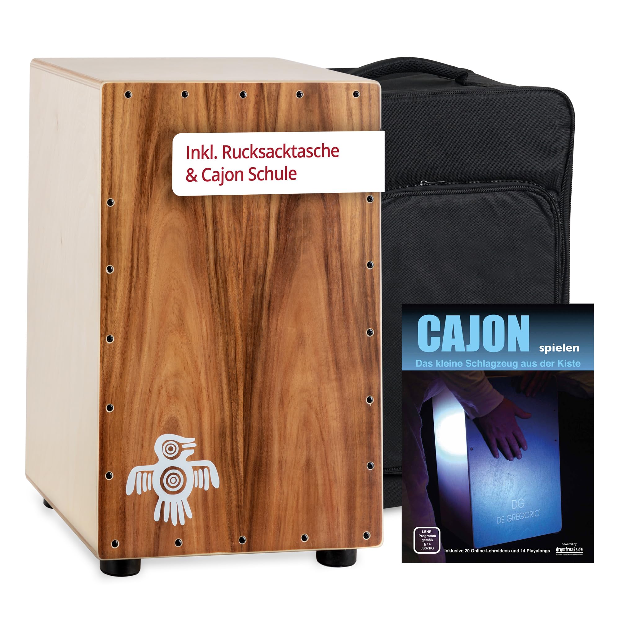 XDrum PERC CP-483 Cajon Peruana Koa Set (Set inkl. Cajon mit Birken-Korpus & Snareeffekt, passende Rucksack-Tasche für sicheren Transport & Aufbewahrung und Cajonschule für Einsteiger)