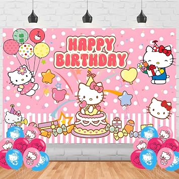 Hello Cat Birthday Decorations,Cartoon Anime for Party Decorations Supplies,Kitty Happy Birthday Banner Backdrop for Party Supplies 5x3ft