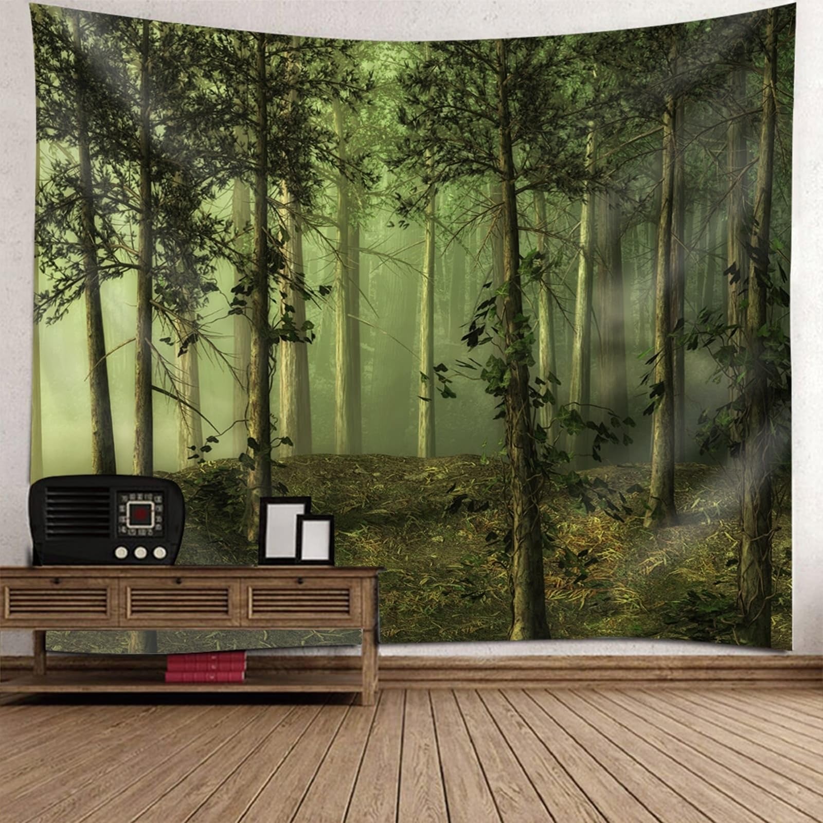 Skcess Wiszący gobelin ścienny, poliester, ciemnozielony, mglisty las, gobelin ścienny do salonu, 240 x 220 cm