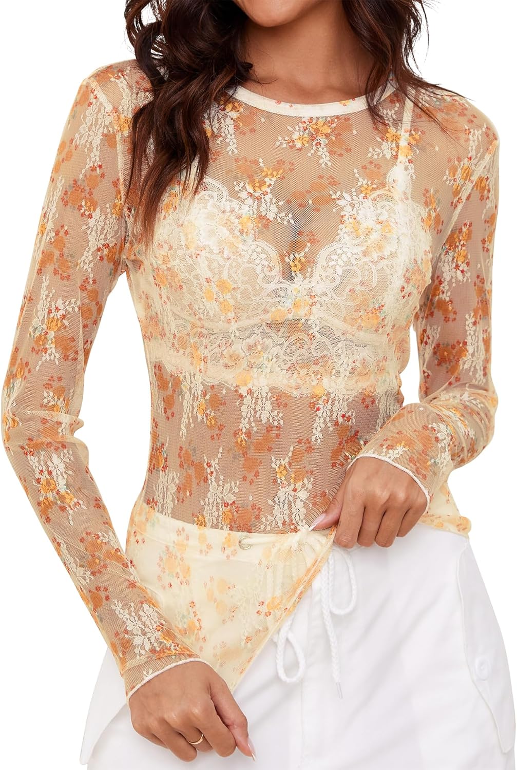 AKEWEI Womens Mesh Long Sleeve Tops Crew Neck Sexy See Through Tee Shirts Party Club Night Lace Blouse - Image 2