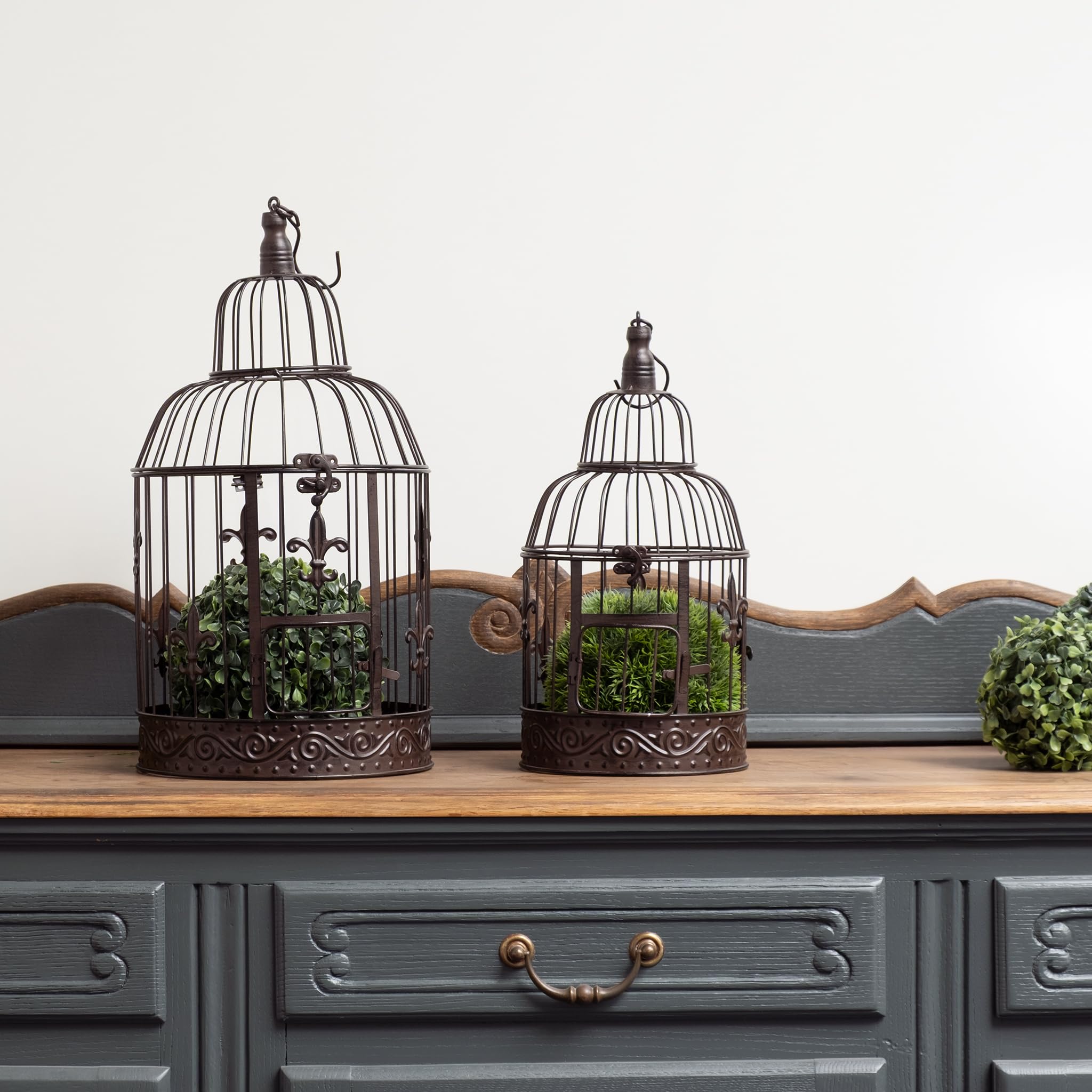 Dekorativer Vogelkäfig 2er Set aus Metall antik braun Vintage Deko Käfige groß 56 x 25 cm klein 45 x 19,3 cm zum Stellen oder Aufhängen für Innen und Außen