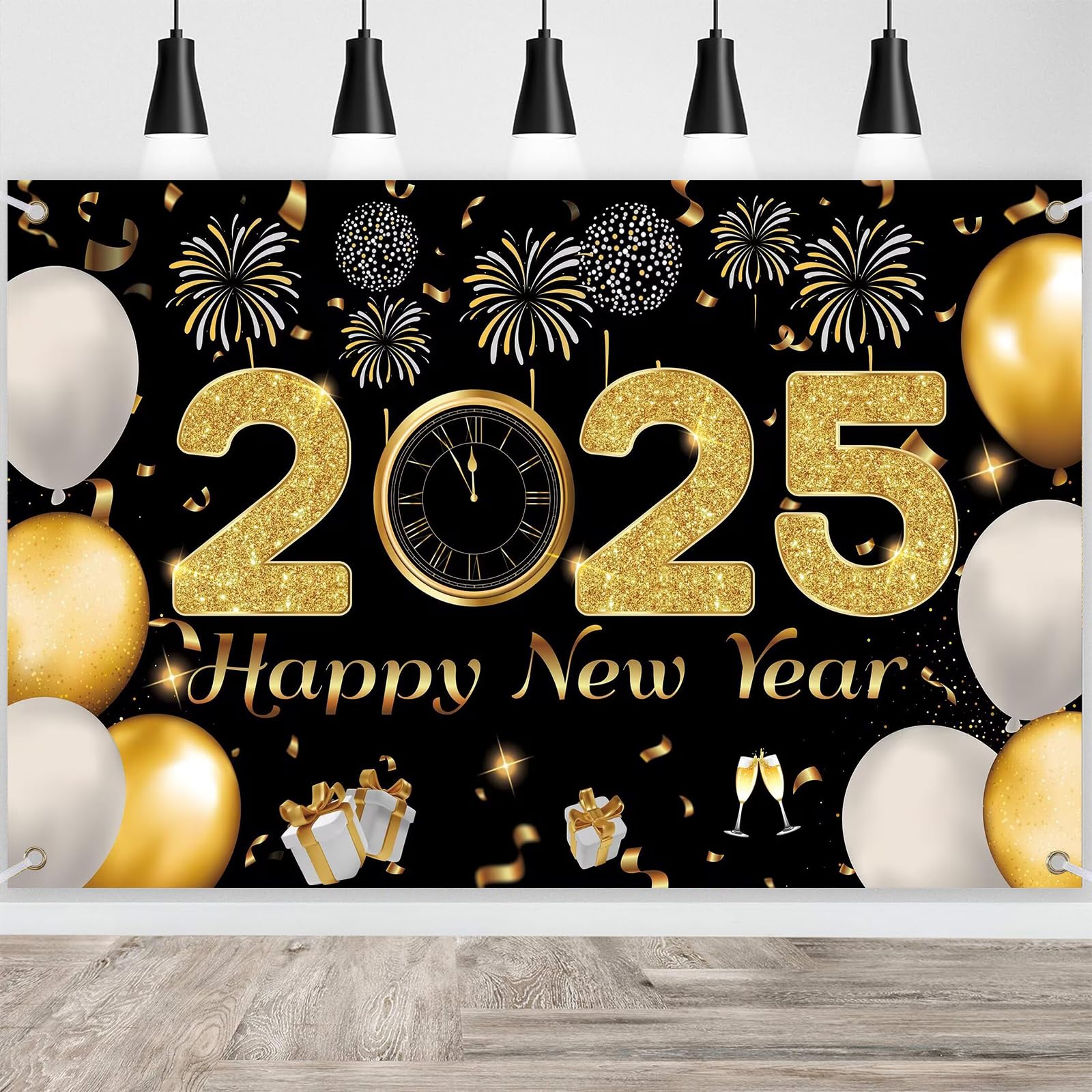 2025 New Year's Eve Large Happy New Year Banner - Backdrop for Indoor and Outdoor Decoration (180 x 110 cm), Black Gold A