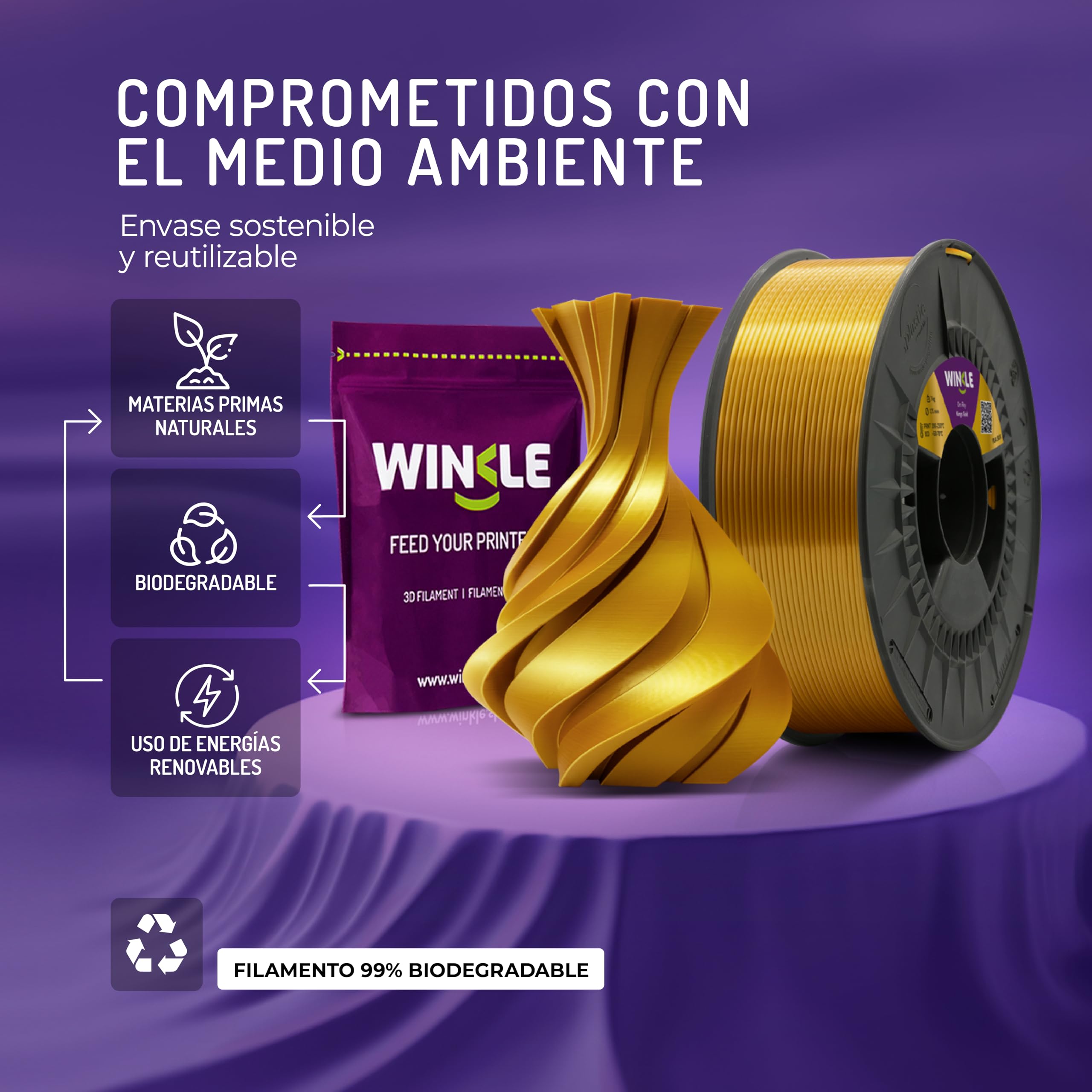 WINKLE Filamento PLA Silk Oro Rey 1,75mm 300g Bobina Impresora 3D