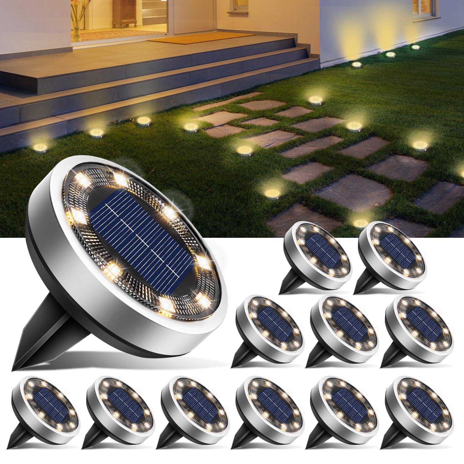 btfarm 8 Paquetes Luces Solares LED Exterior Jardin Suelo, 8 LED Luz Solar Exterior Jardin, IP65 Impermeable Lamparas Solares Suelo Camino, Césped, Patio, Terraza (Blanco Cálido) — view 8