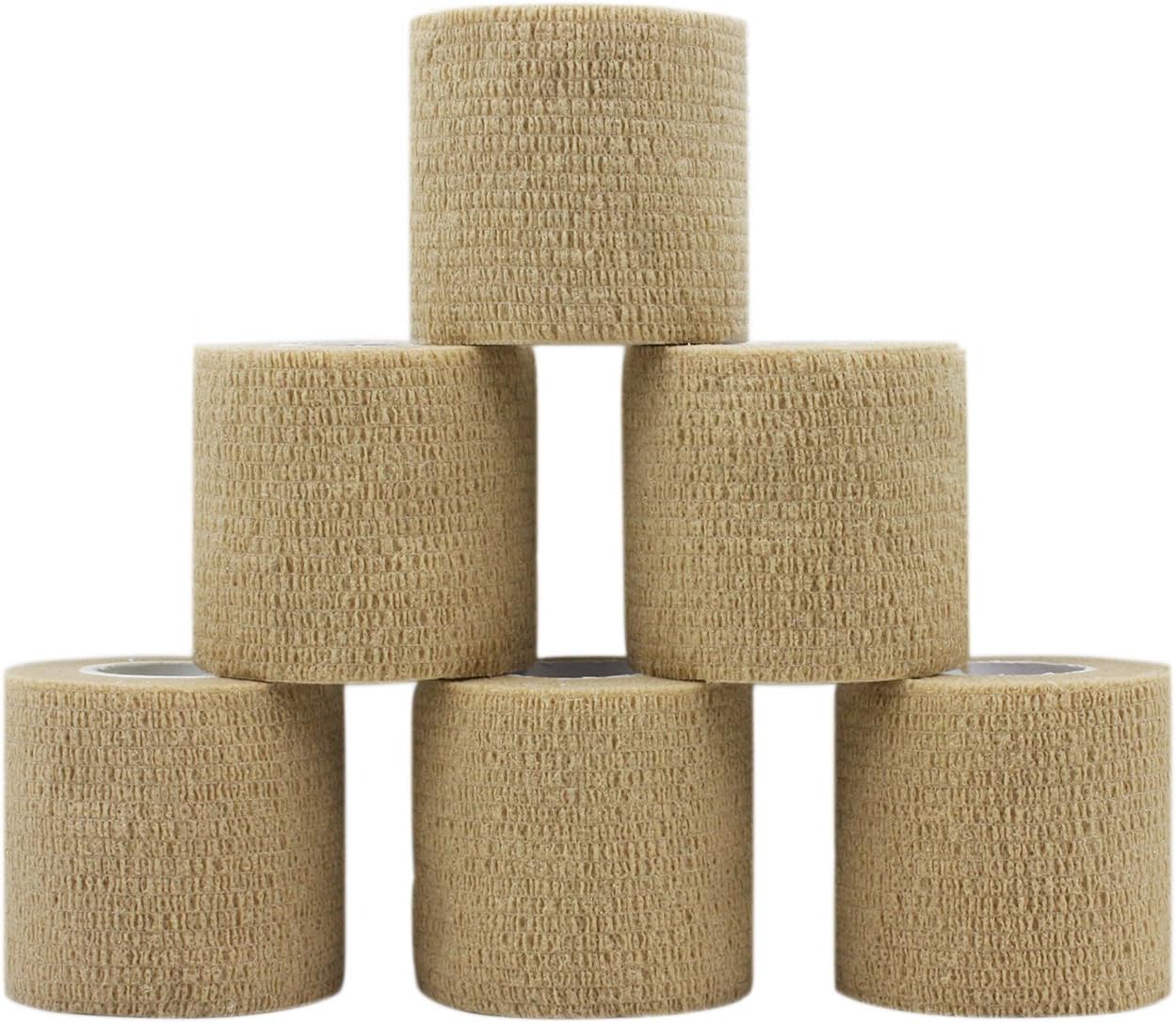 Waterproof Self Adherent Cohesive Bandages Rolls - RJOAM Elastic Non Woven Adhesive Wrap Tape FDA approved, Skin Color, 2" x 5 Yards, 6 Rolls