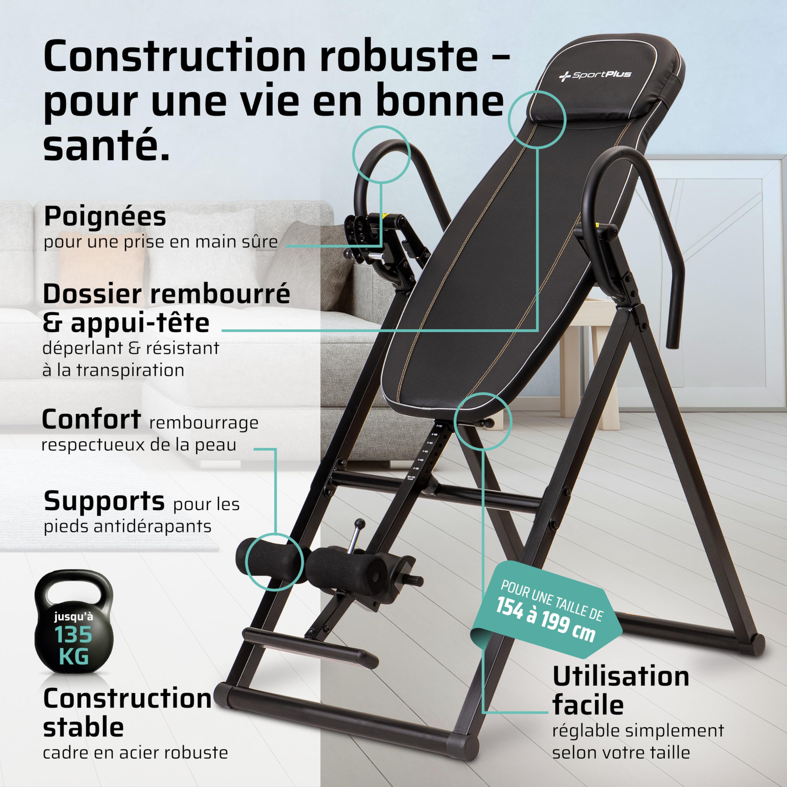 SportPlus Table d'inversion, Appareil d'entraînement par gravité Pliable, avec 4 Angles d'inversion, Banc d'étirement pour soulager la Colonne vertébrale, Poids de l'utilisateur jusqu'à 135 kg