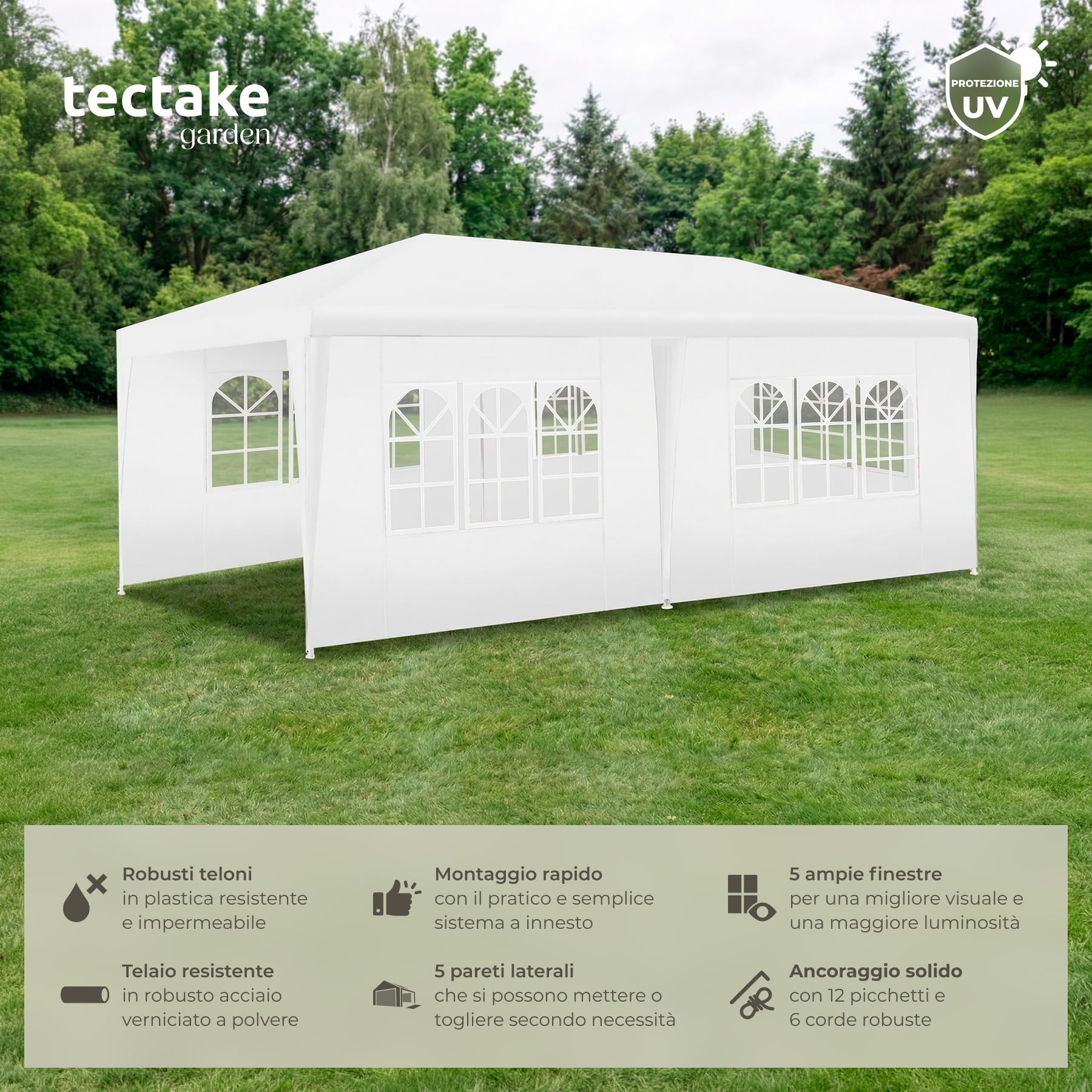 tectake® Gazebo 3x6 m, impermeabile con 5 pannelli laterali rimovibili, struttura in acciaio, tenda con protezione UV, tendone per feste, balconi, campeggio, auto, gazebo terrazzo esterno - Bianco