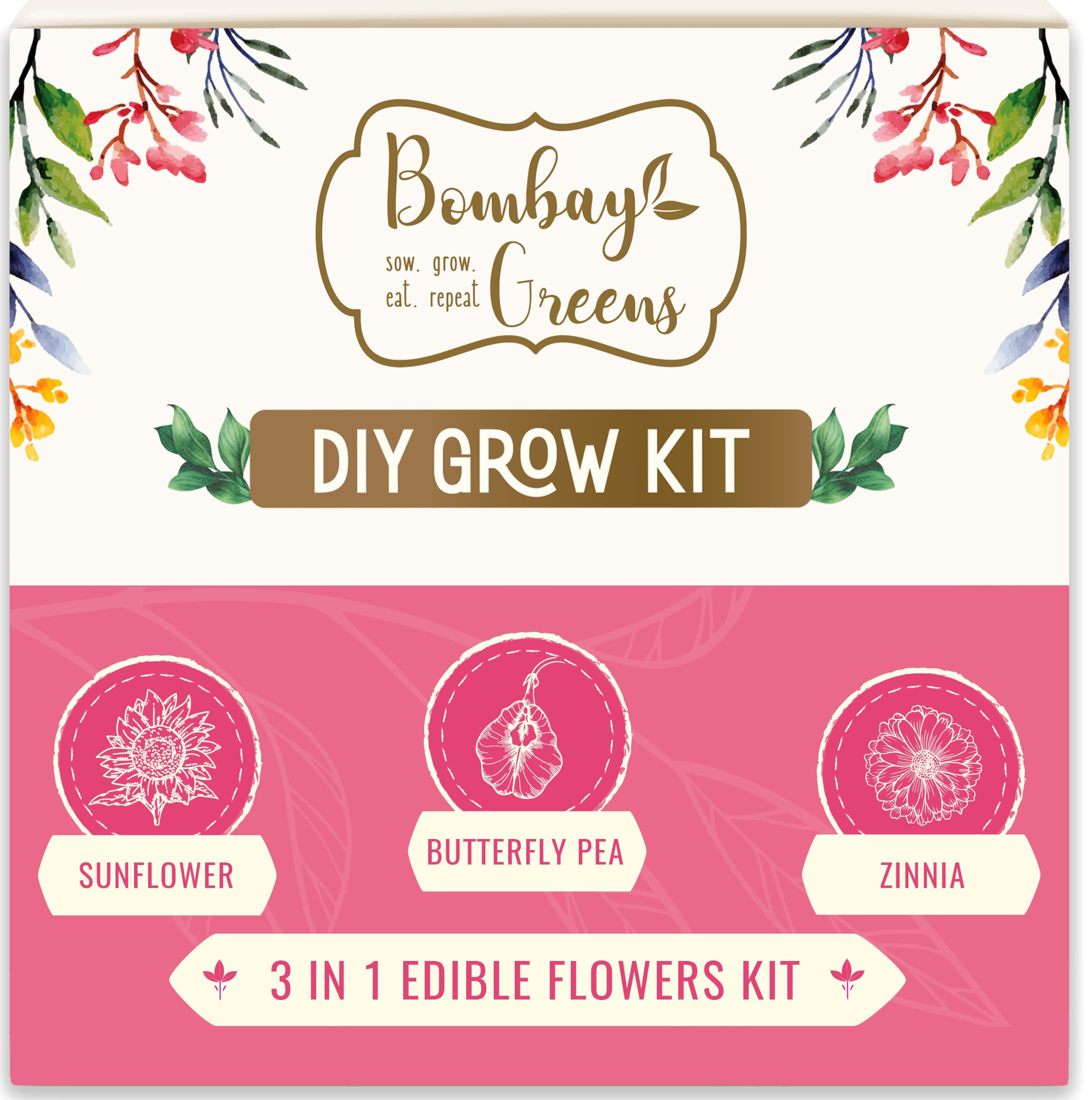 3 in 1 Edible Flowers Gardening Kit | Grow Your Own Kit - Zinnia Seeds, Butterfly Pea Flower, Sunflower Plant Seeds | DIY Kit of Flower Seeds for Home Garden