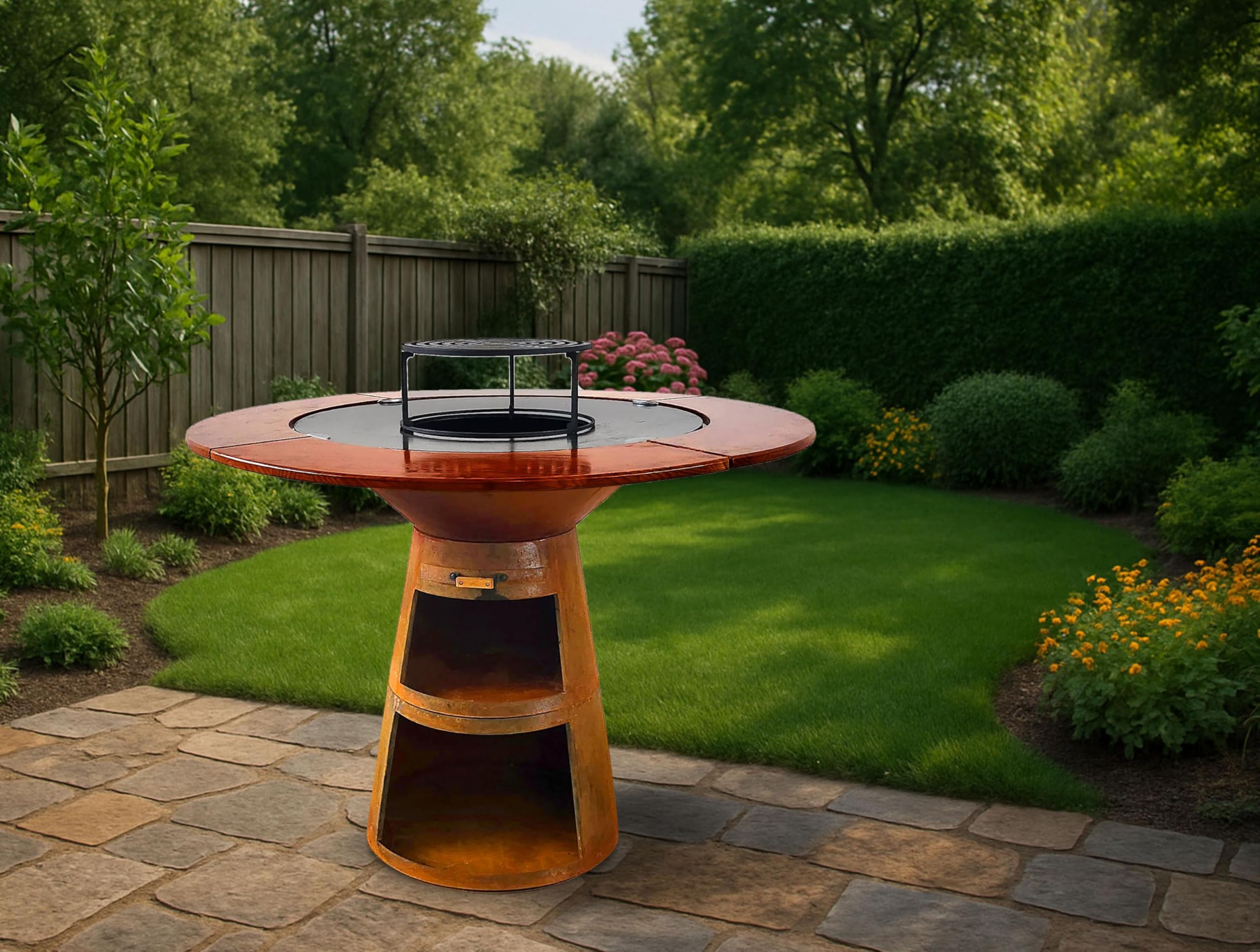 PURLINE | Barbecue rotondo con piastra in acciaio per giardino, terrazzo o patio esterno - Griglia circolare con bordo perimetrale in legno naturale e ampia superficie di cottura (EFP59CO WOOD)