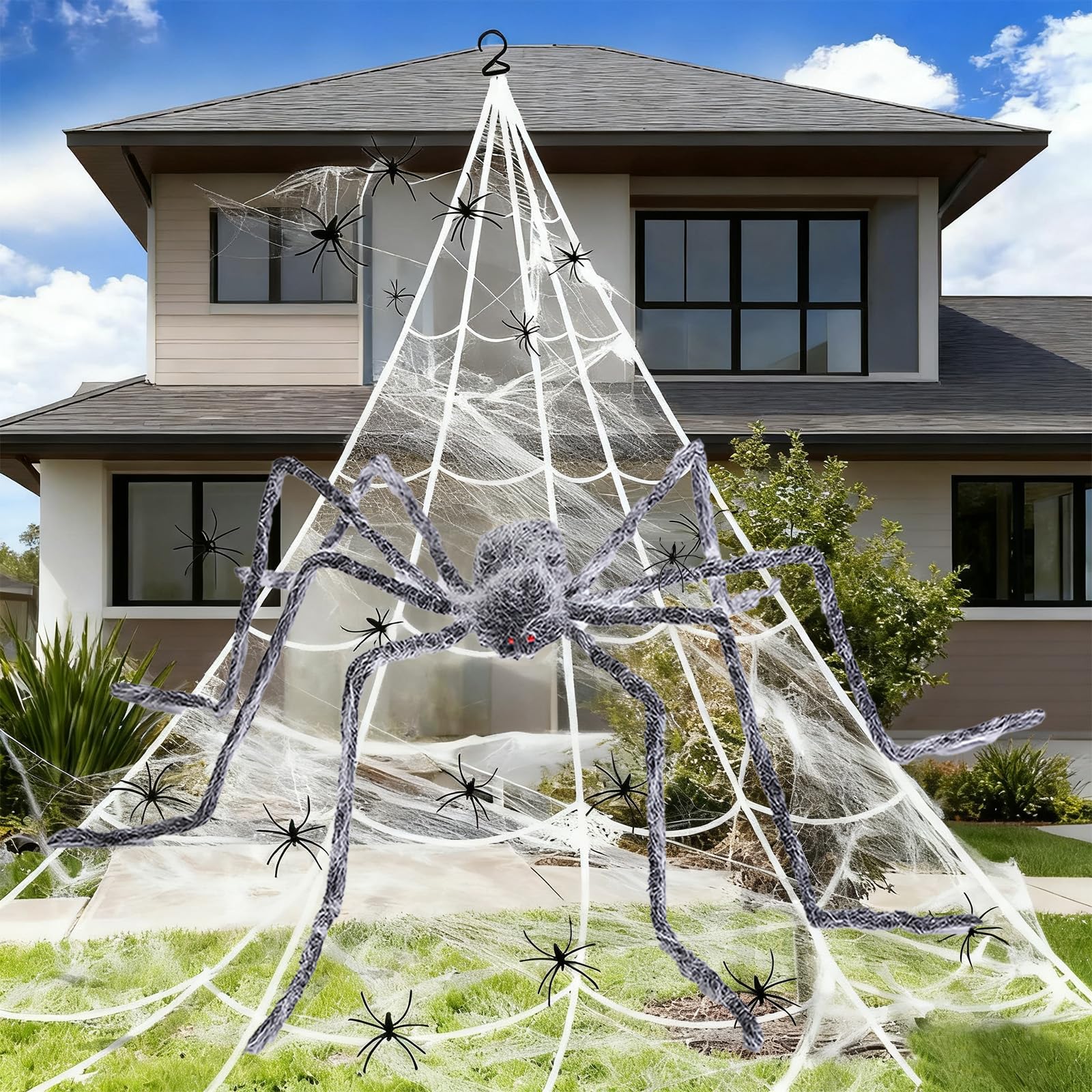 Spider Web Set Halloween Decoration Outdoor with 59" Giant Gray Scary Spider, 275" Triangular Spider Web,60g Stretch Spider Webs,60 Plastic Spiders, Scary Haunted House Decor for Garden Porch House