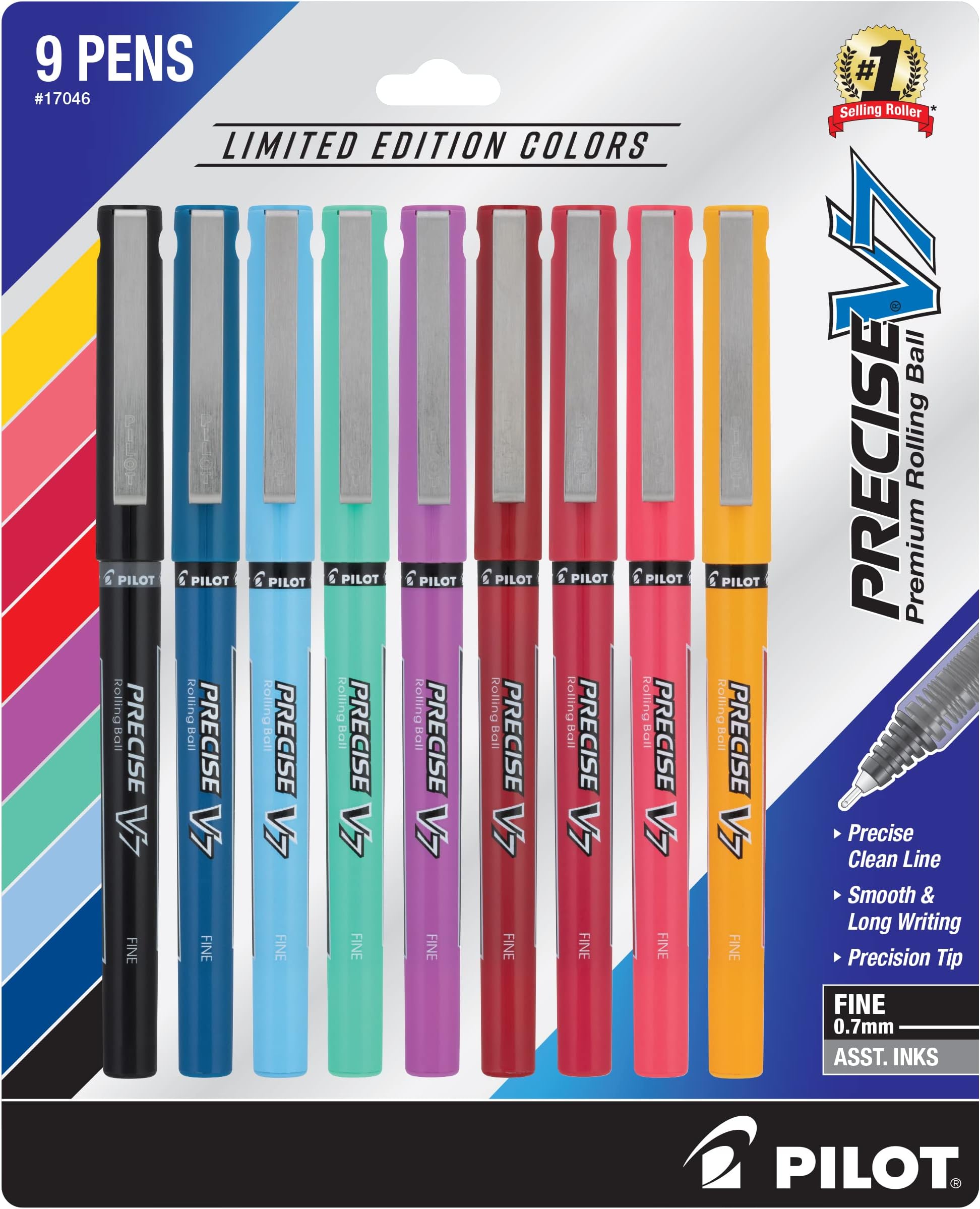 Pilot Precise V7 Capped Liquid Ink Rollerball Pens, Fine Point Ink Pens 0.7 mm, Colored Pens, Limited Edition Assorted Colors, Pack of 9 - Ideal for School, Journaling, & Office Writing