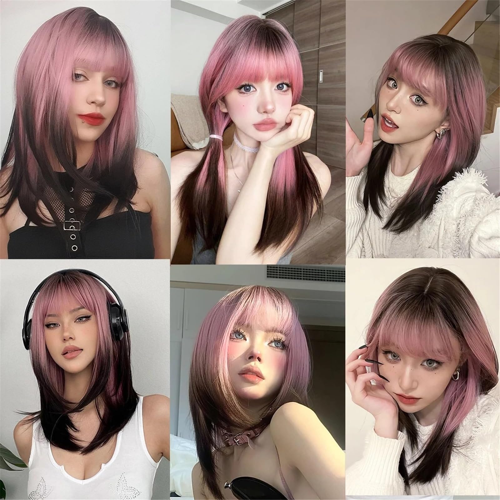 Acconciatura femminile Parrucche sintetiche Ombre rosa nere con capelli da festa cosplay frangia