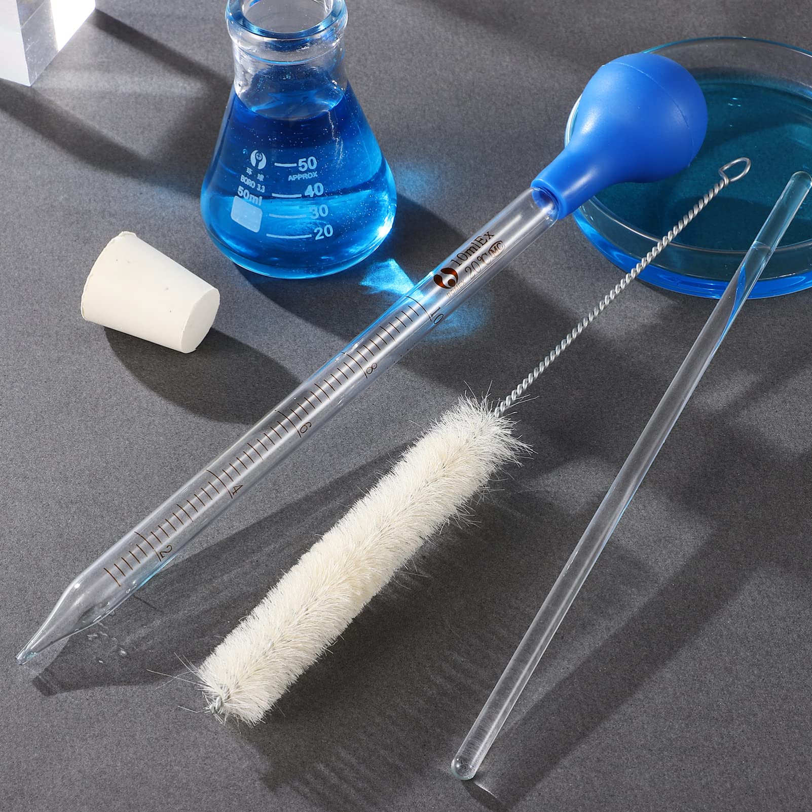 Set Beuta di Erlenmeyer in Vetro 50 Ml con Pipette | Scala Standard, Pipette Contagocce da 10 Ml, con Spazzola per Pulizia e Bacchette per Mescolare