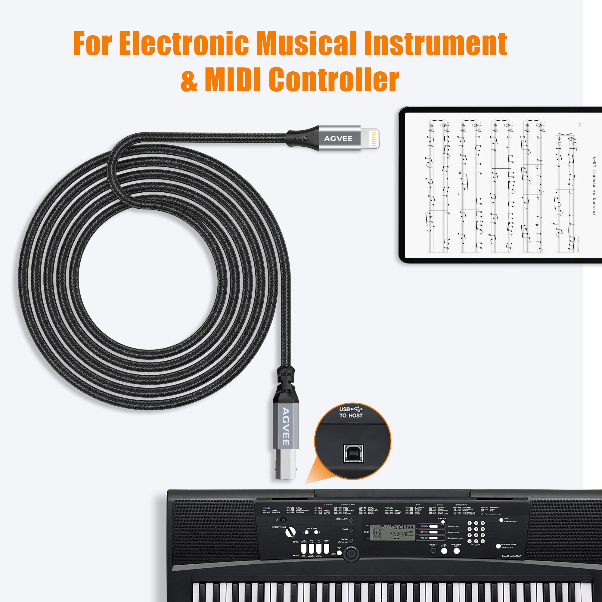 AGVEE Lightning-OTG-MIDI-Kabel, USB-Typ-B-Kabel, kompatibel mit iPhone, iPad, iOS, für elektronisches Musikinstrument, Klavier, Midi-Controller, Midi-Tastatur, Audio-Interface-Aufnahme, Dunkelgrau,