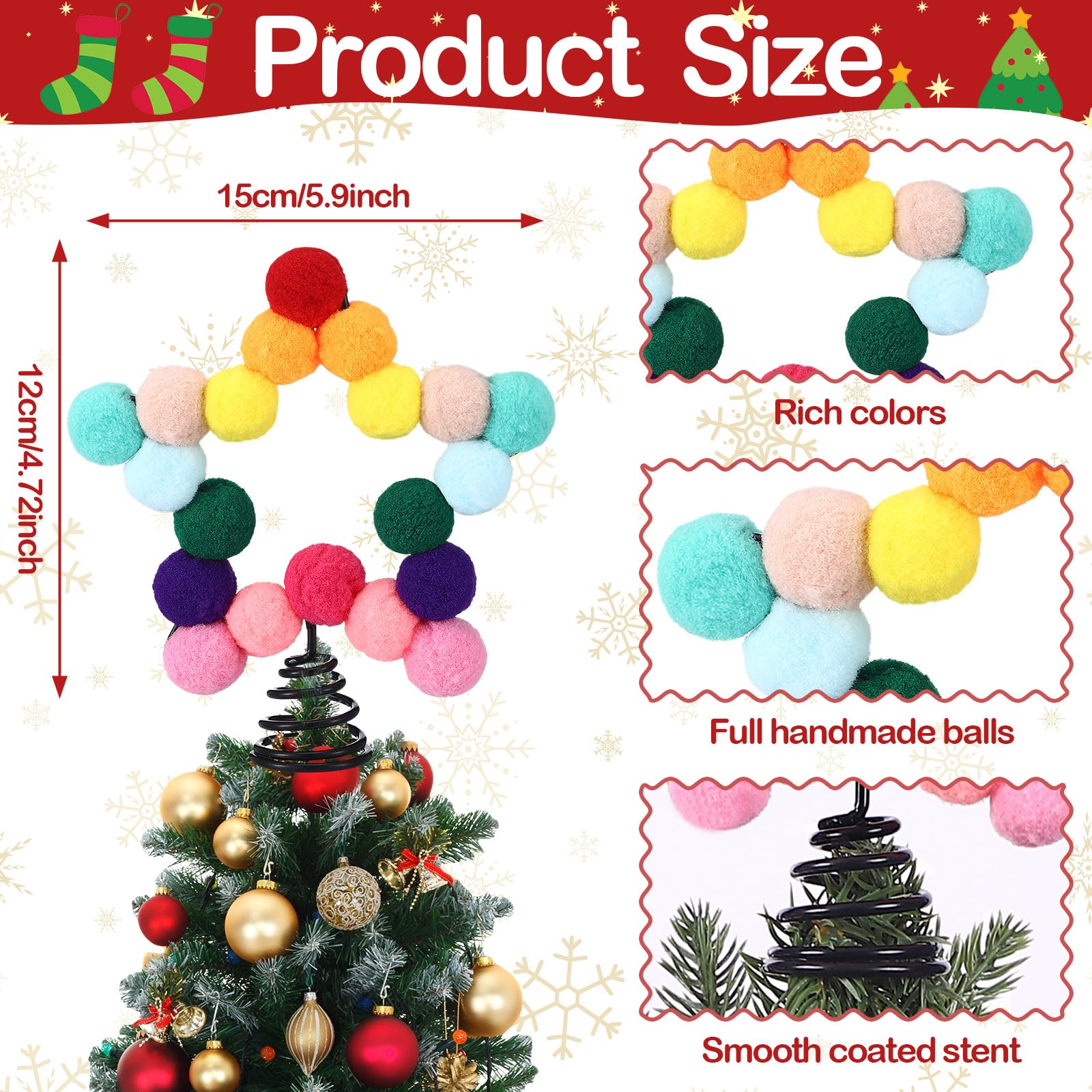 RoundFunny Regenbogen-Filzkugel-Stern, Weihnachtsbaumspitze, bunte Bommel, Filzkugel, Weihnachtsbaumspitze, bunt, fünfzackiger Stern, Weihnachtsdekoration zur Dekoration (12,9 x 15,9 cm)