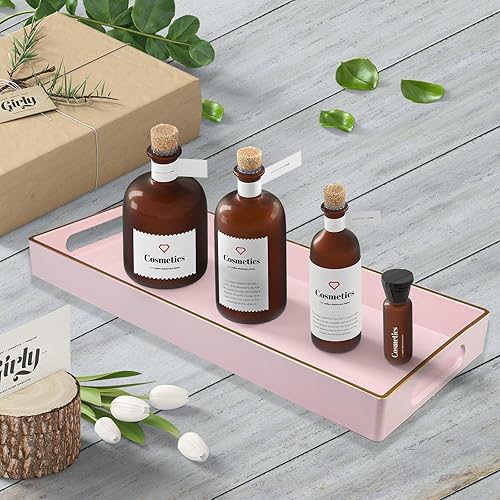 Miniatura 5 de Bandeja de tocador rosa con asas, bandeja decorativa organizadora de almacenamiento de escritorio para baño, sala de estar, 5.9 x 13.7 pulgadas