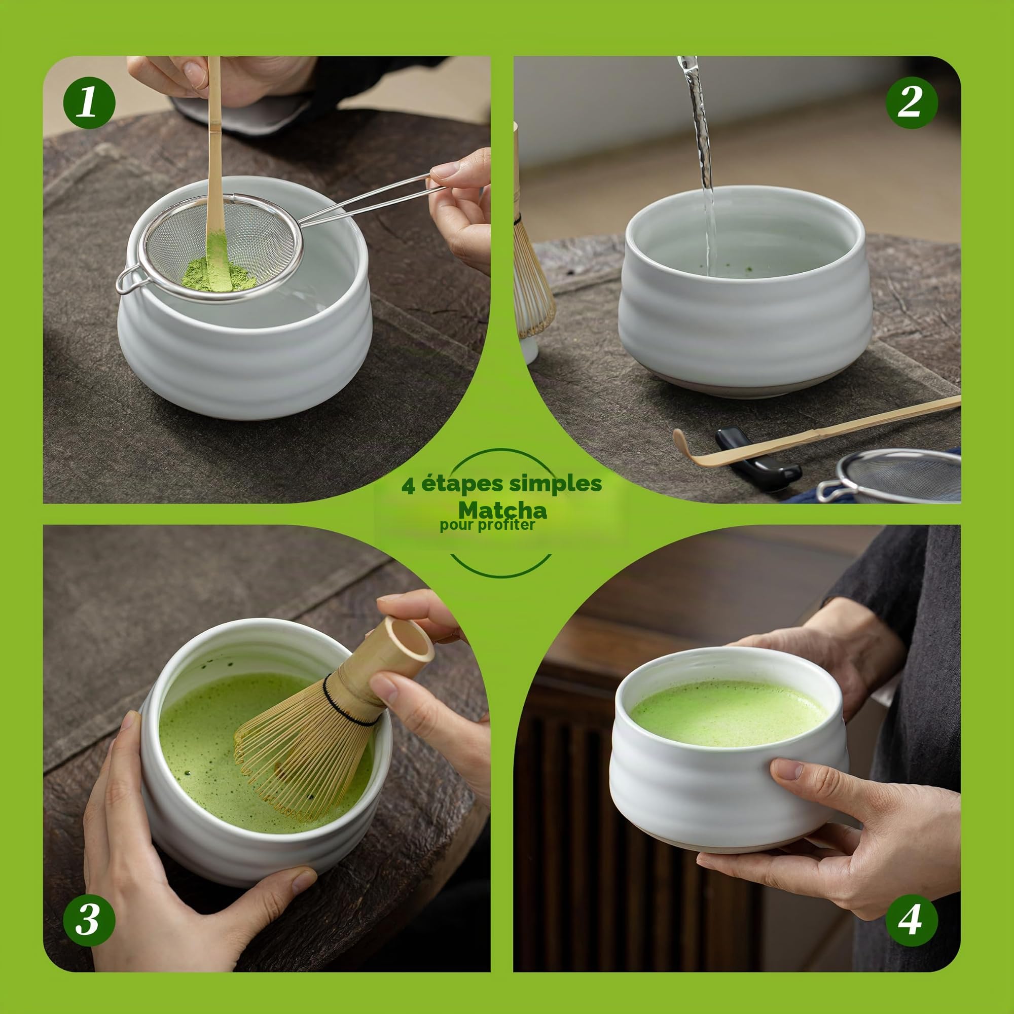 TEANAGOO Matcha Kit 7 pièces, fouet matcha, matcha ceremonie，bol à Matcha, fouet en bambou Matcha, cuillère,support de fouet,poudre de thé vert Matcha，Kit Matcha Japonais Passionnés（Blanc ivoire）