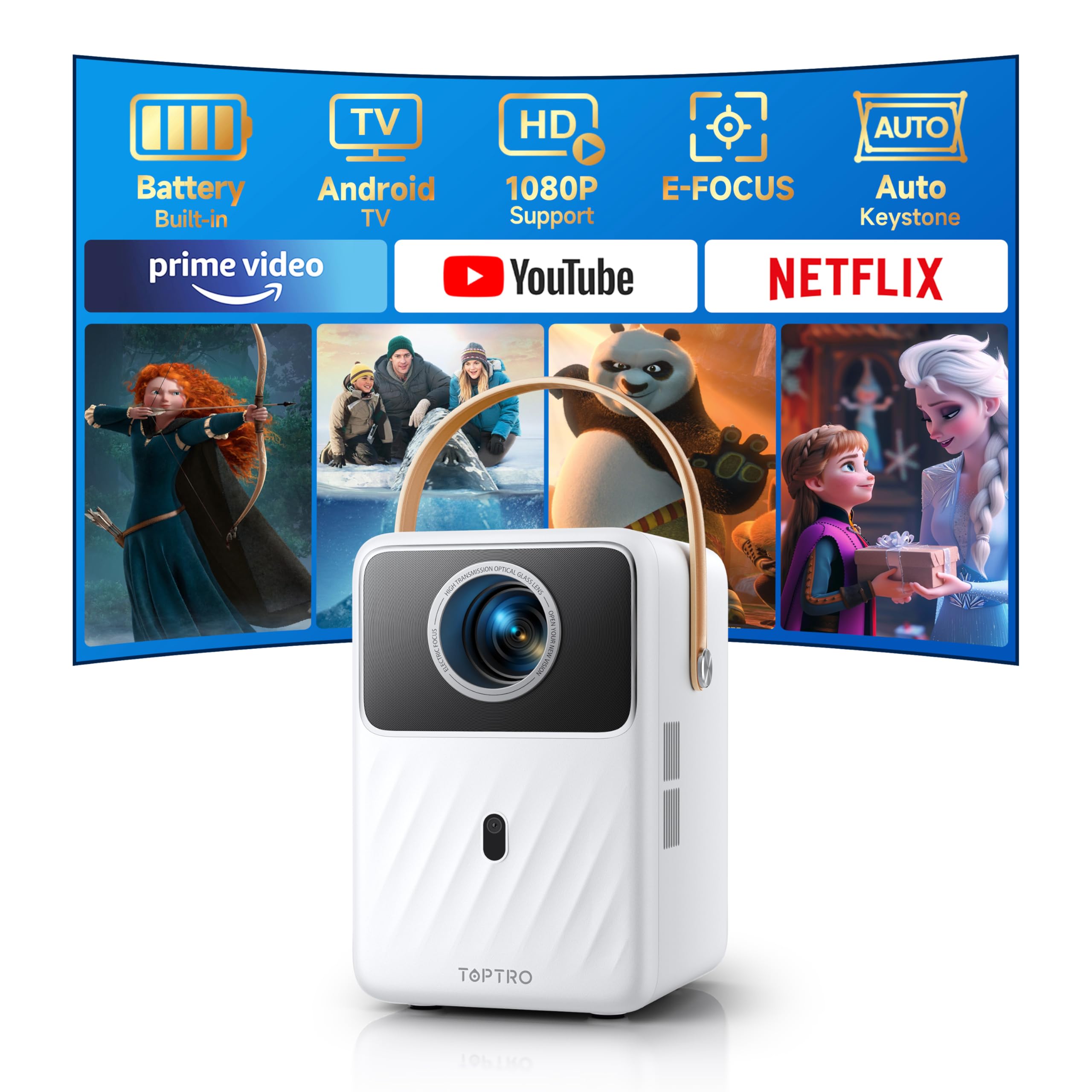 【Built-in Apps & Battery】 Mini Projector with 5G WiFi and Bluetooth, Portable-Projector 1080P, Outdoor-Movie-Projecteur, Electric Focus, Auto Keystone, TOPTRO Smart Projector for Outdoor/Indoor/Home