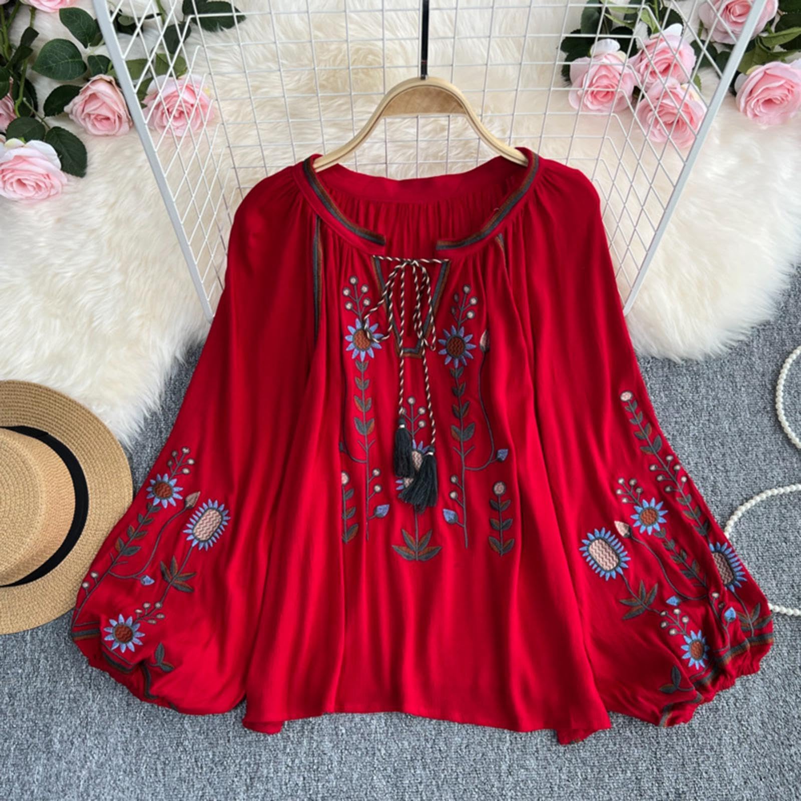 Camicetta Ricamata Da Donna con Scollo a V, Casual E con Nappine, Stile