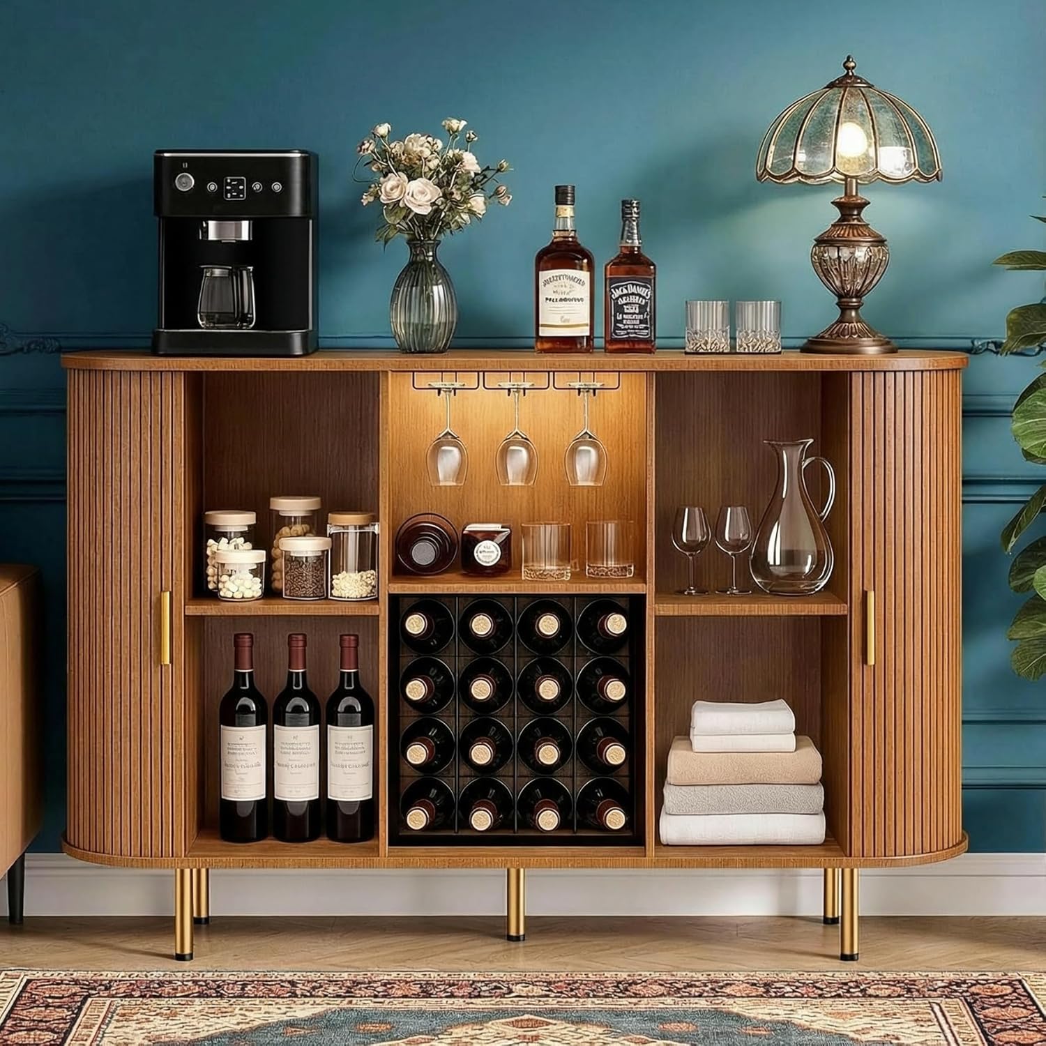 Wine Bar Cabinet with Storage: 55" Kitchen Coffee Bar Cabinet with Wine Rack and Glass Holder, Buffet Sideboard with LED Light for Home, Living Room, Entryway