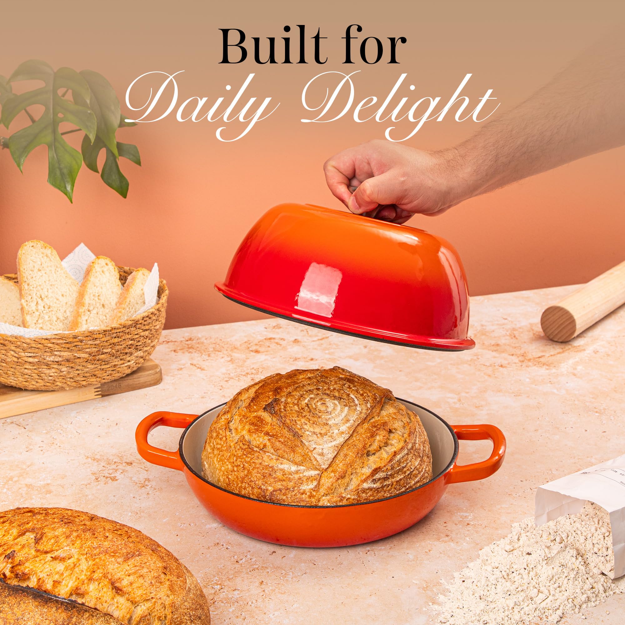 Emaillierter Gusseisen Bräter – Dutch Oven für Sauerteig Brotbacken – Brotbacktopf aus Gusseisen – Orange, 6L, 22cm – von Nuovva