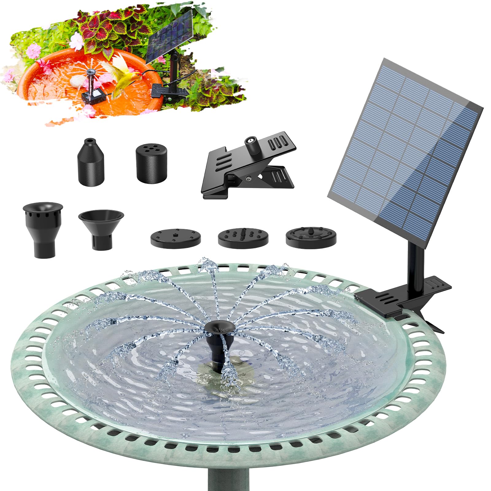 2.5 W Solar Water Fountain with Clip for DIY Garden, Solar Bird Bath Fountain Pump with 6 Spray Effects, Solar Pond Fountain for Garden, Birdbath, DIY Water Feature