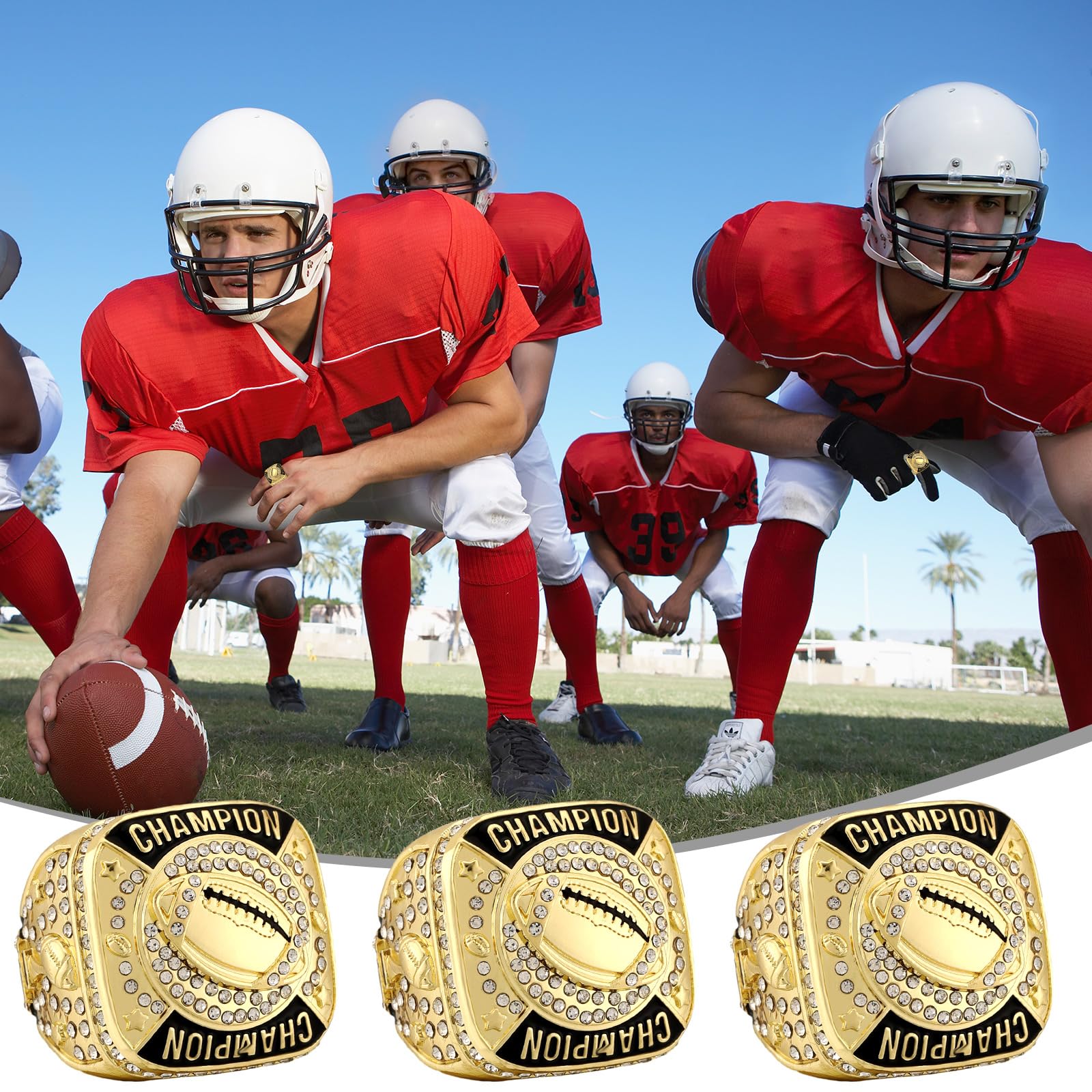 Landical 12 anillos de campeonato de fútbol, juegos de pelota, trofeo de campeonato, regalo de premio de pelota deportiva con cadena para el cuello y soporte para ganadores de torneos o campeones de