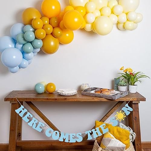 Miniatura 4 de Here Comes The Son - Cartel de sol bohemio con el sol, decoración de baby shower de hijo azul, fiesta retro para el sol