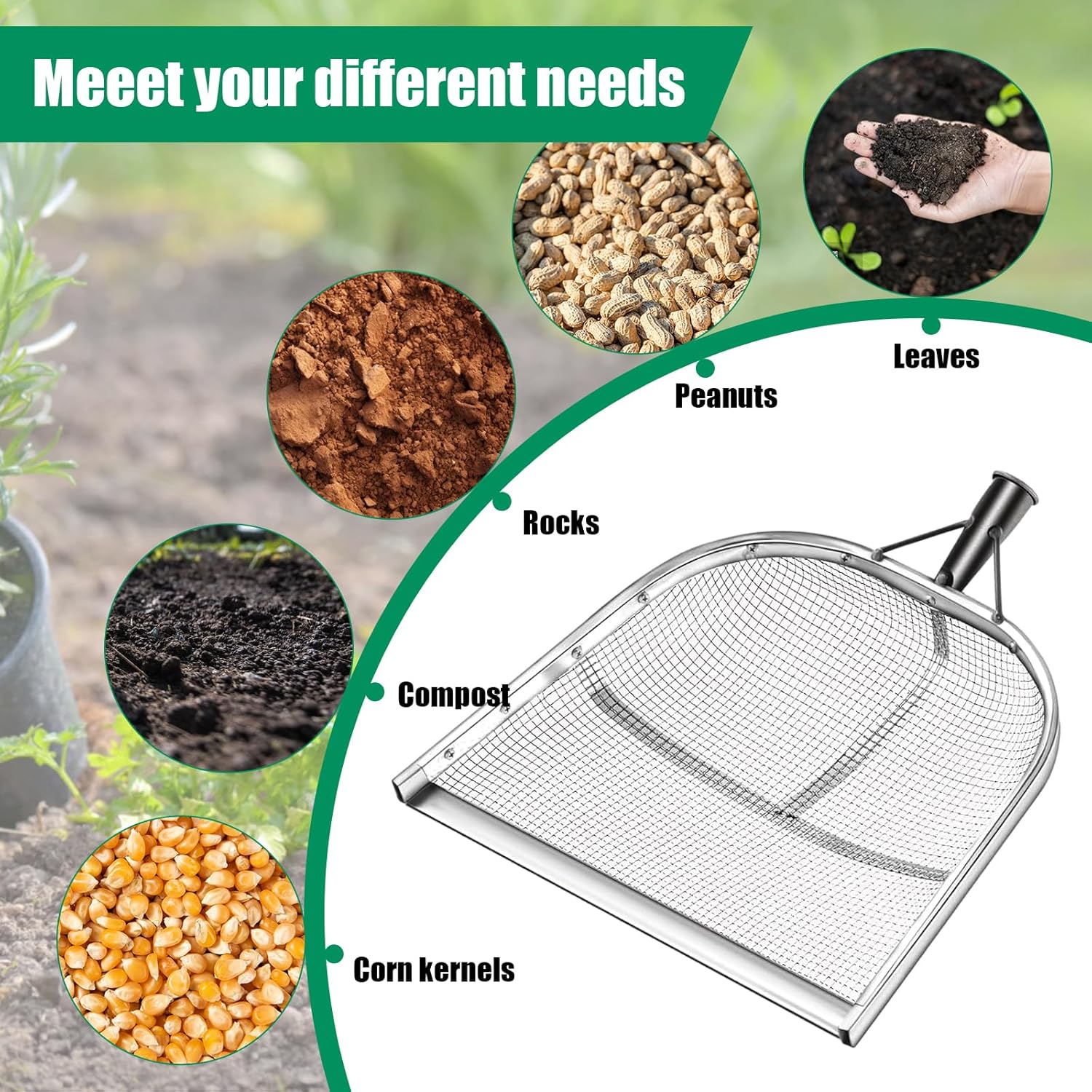 Generic Stainless Steel Filter Soil Shovels, Easy to Clean, Comfortable Handle, Sieve Soil Shovels, Yard for Sifting Corn Kernels, 4mm
