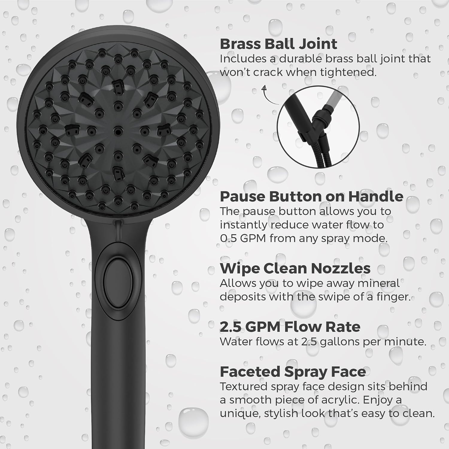 Pfister HydroFuse Handheld Shower Head, Hose Included, 6-Function, 2.5 GPM, Spot Defense Matte Black Finish, 016HF01SDB