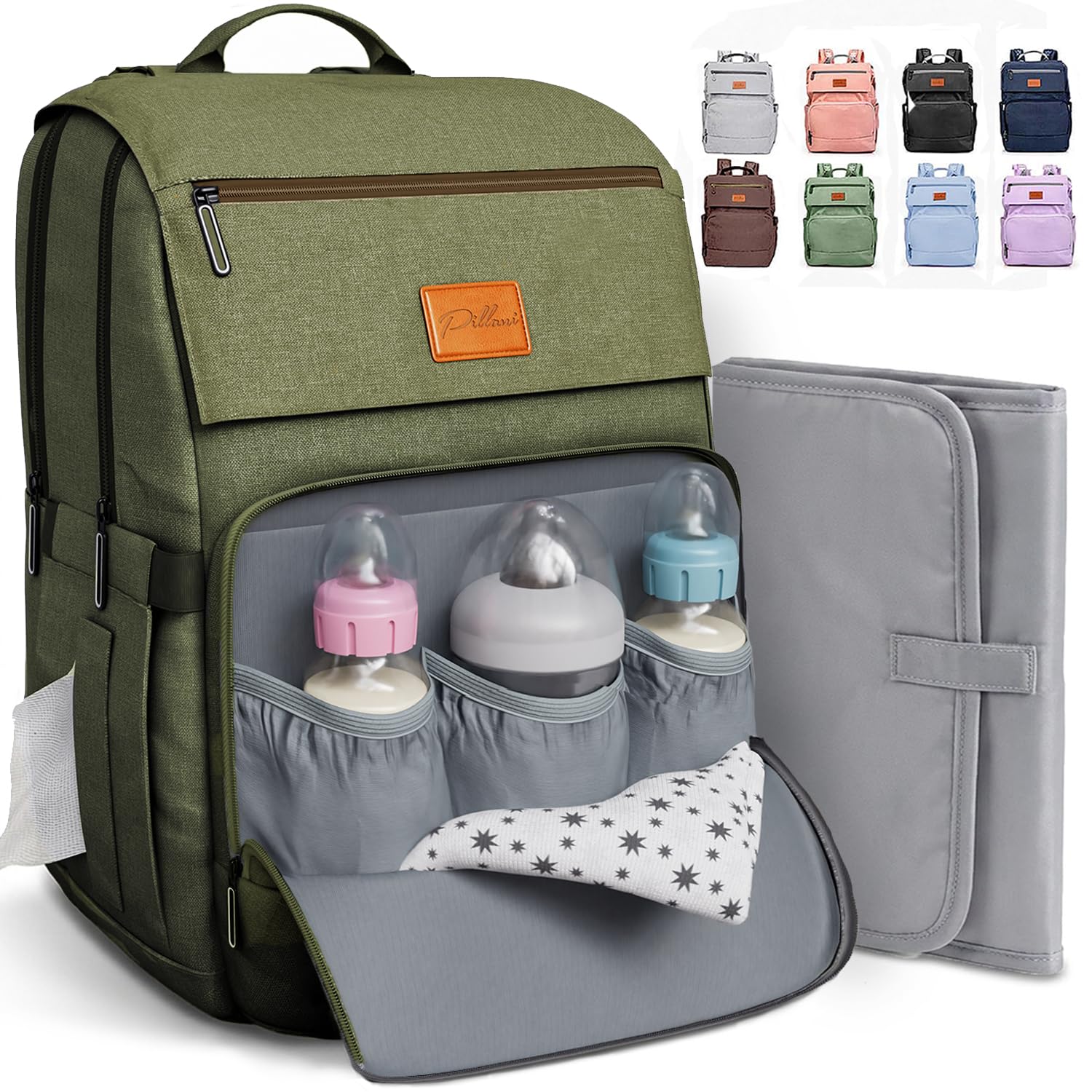 PILLANI Baby Diaper Bag Backpack - Baby Bag for Boys & Girls, Diaper Backpack - Large Travel Diaper Bags w/Changing Pad - Baby Registry Search & Shower Gifts, Newborn Essentials & Items for Mom,Green