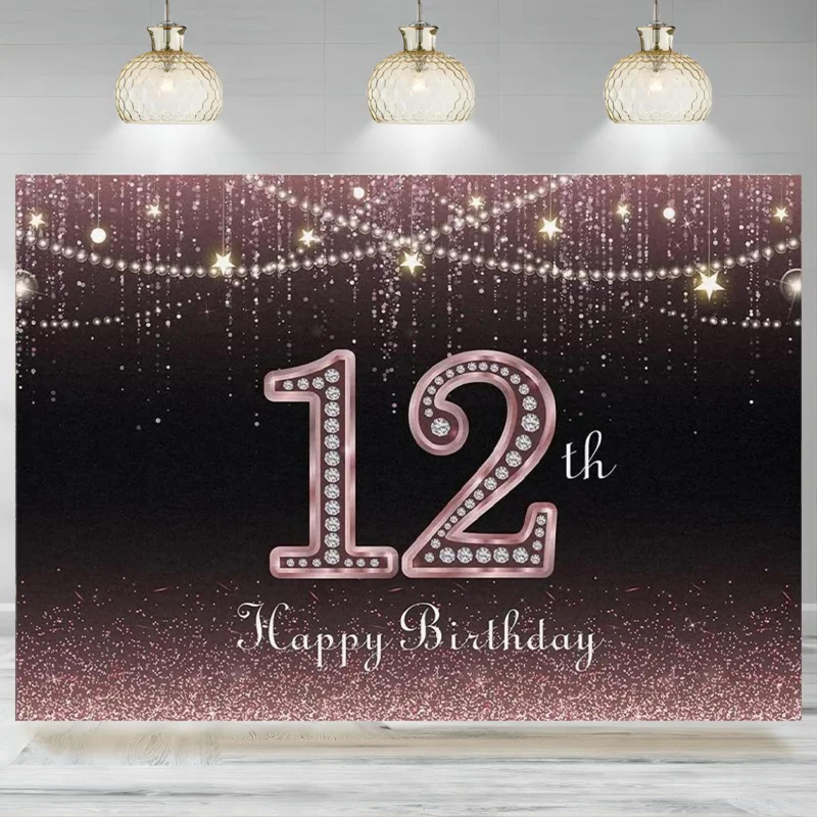 Baner "Happy 12th Birthday": Tło, dekoracje urodzinowe na 12 lat, artykuły imprezowe, tło fotograficzne 440x300CM